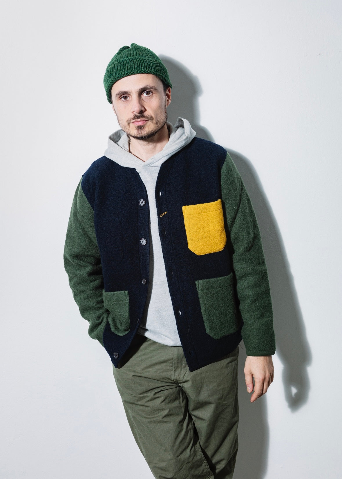 UNIVERSAL WORKS x Fresh Cardigan Wool Fleece Navy Yellow