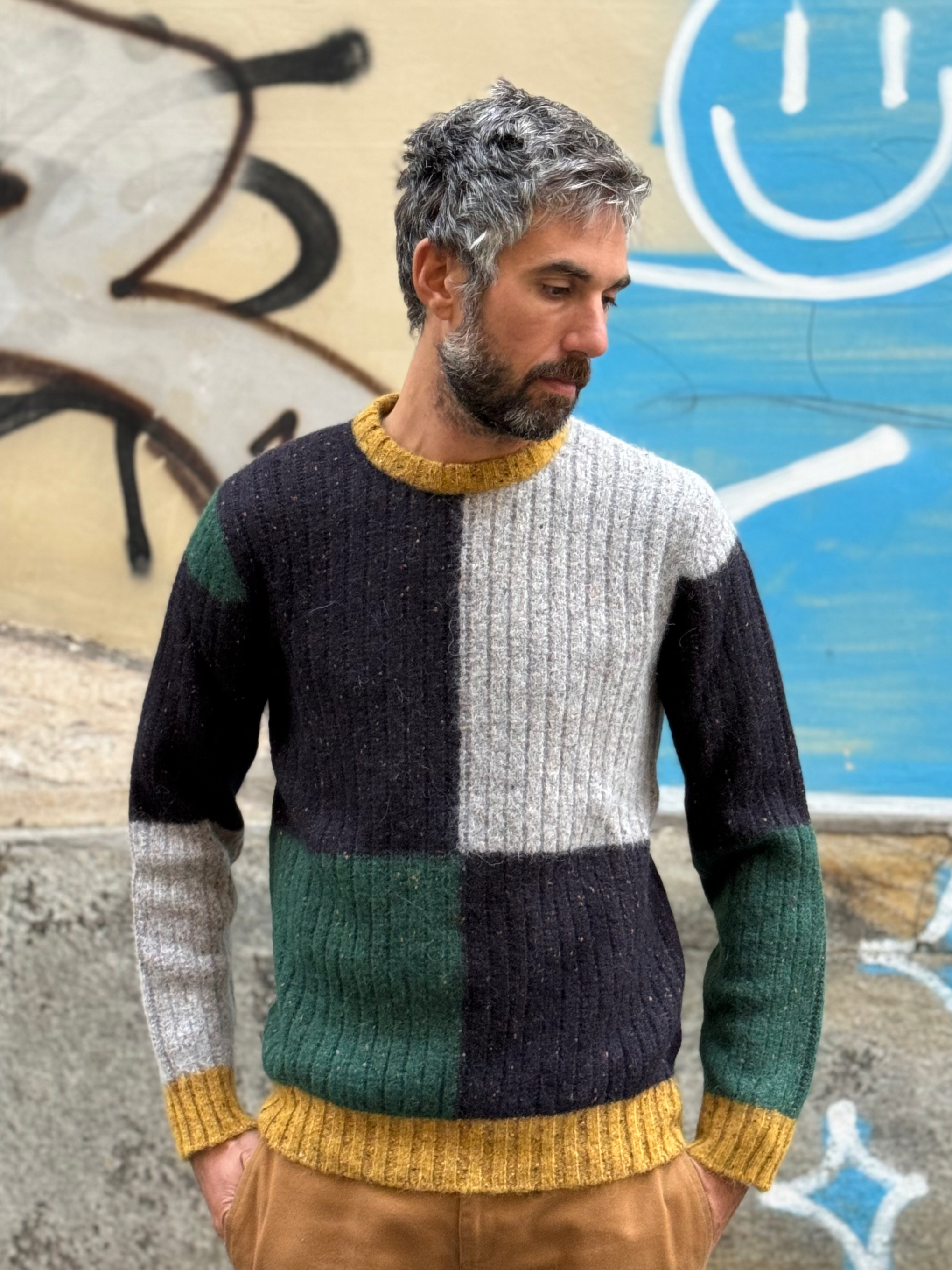 FRESH Issey 2 Multi Colorblock Crew Neck Wool Sweater