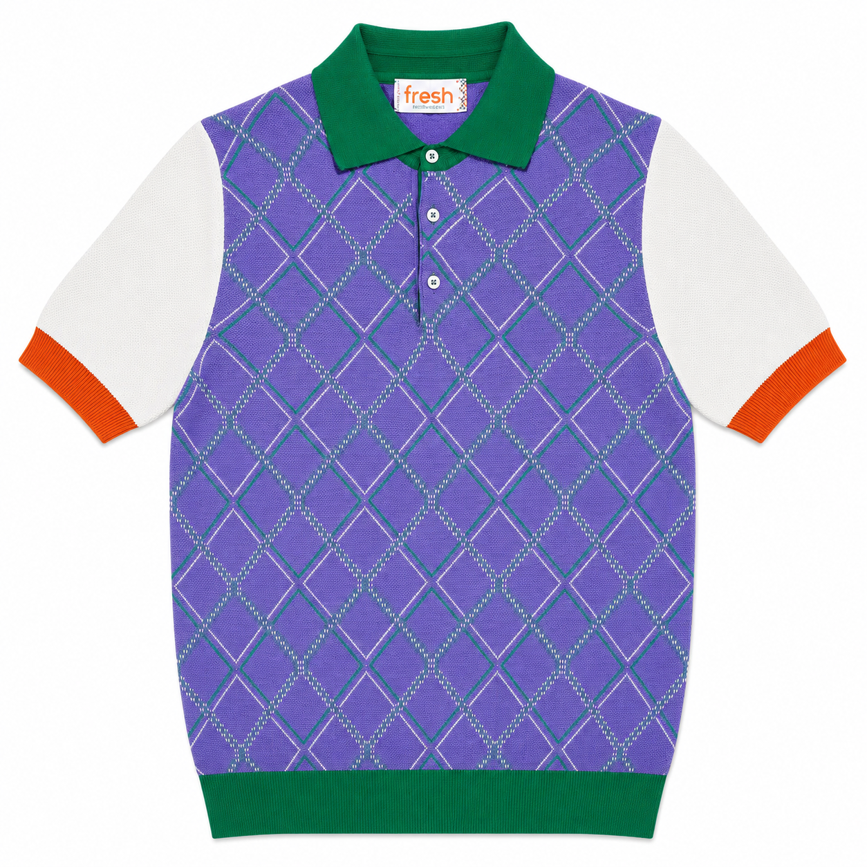 FRESH Argyle Extra Fine Crepe Cotton Knitted Polo in Purple