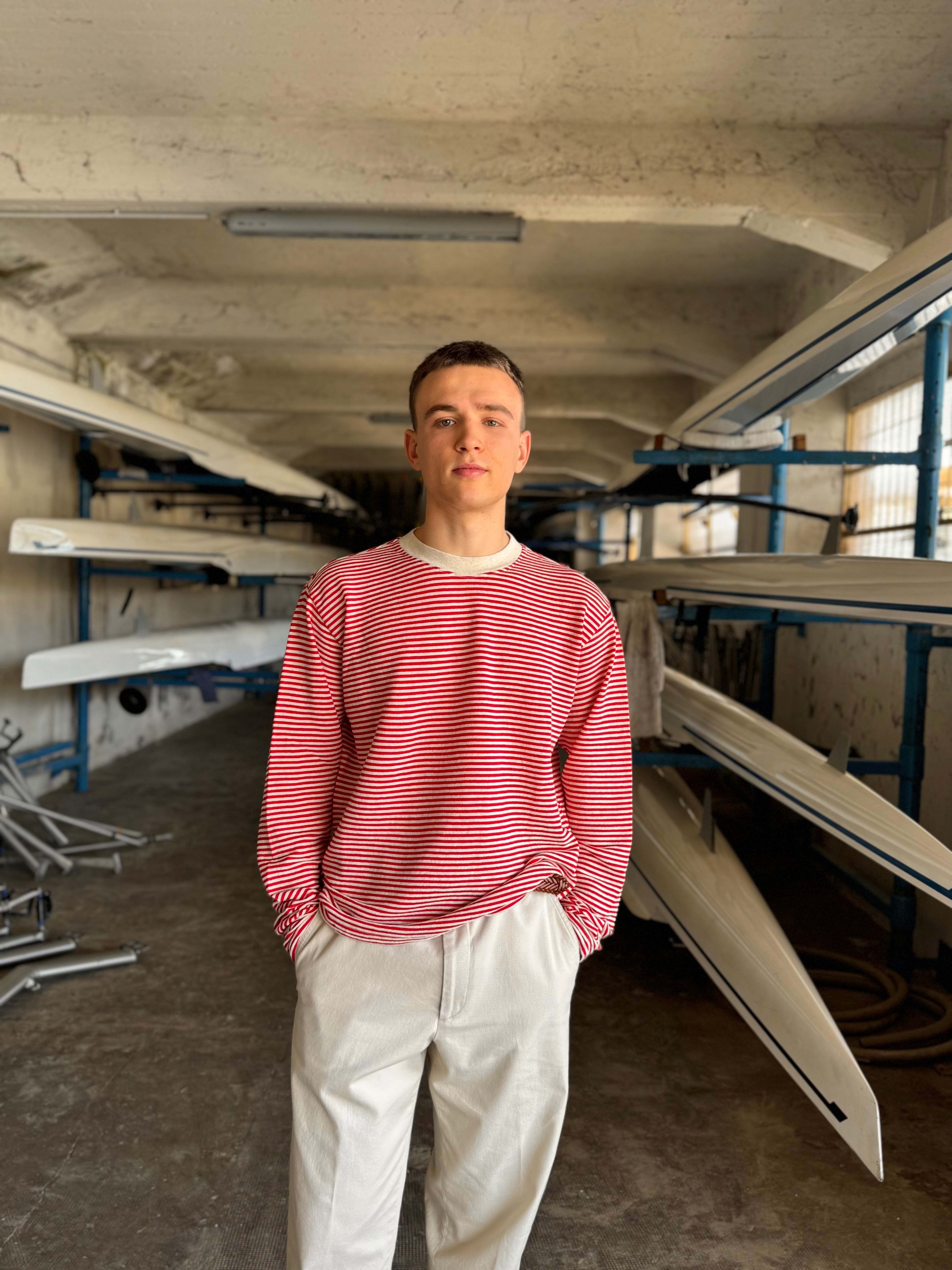 FRESH Marina Long Sleeve Striped T-Shirt in White Red