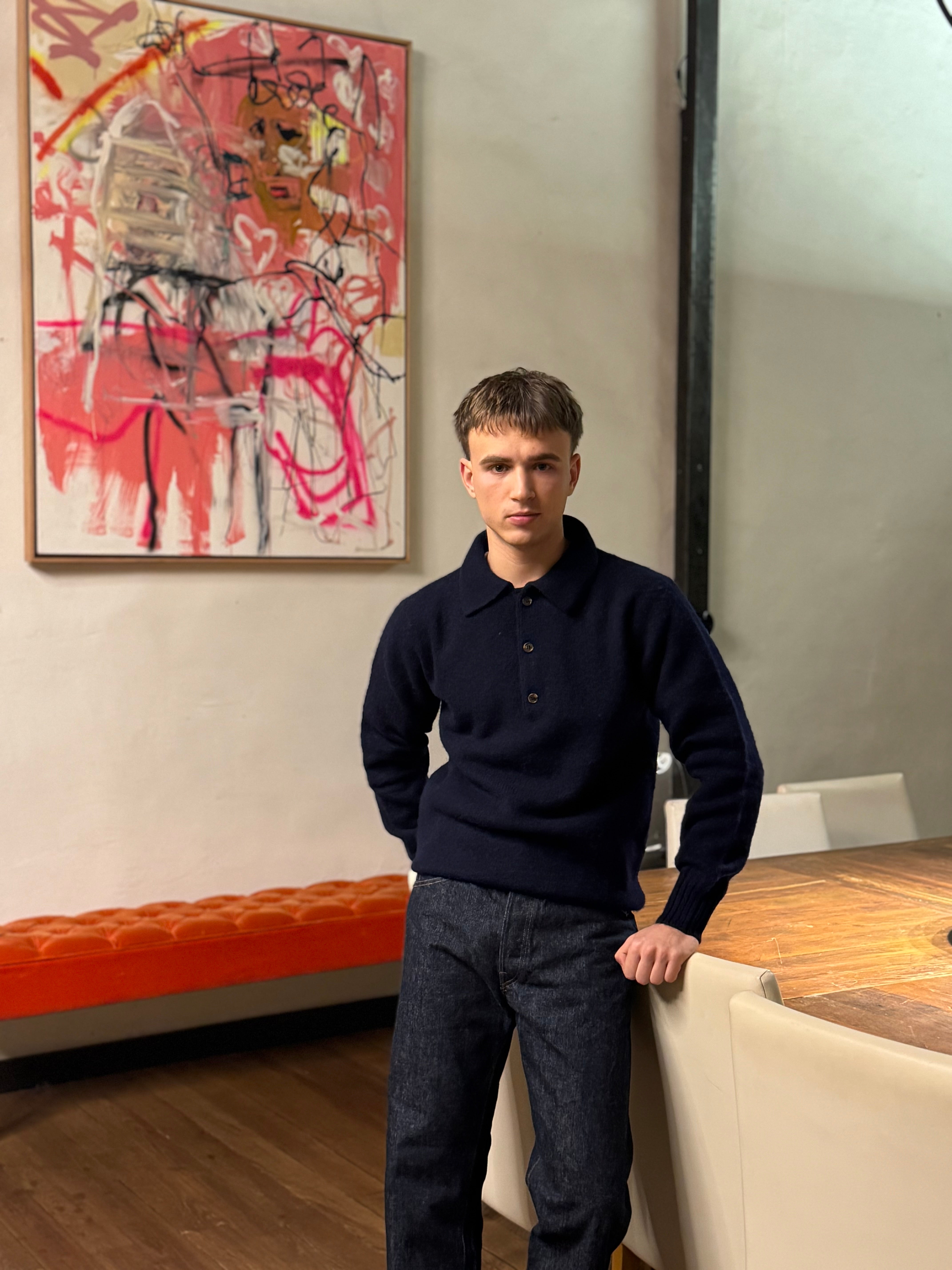 FRESH Paul Shaggy Shetland Wool Polo Sweater In Navy