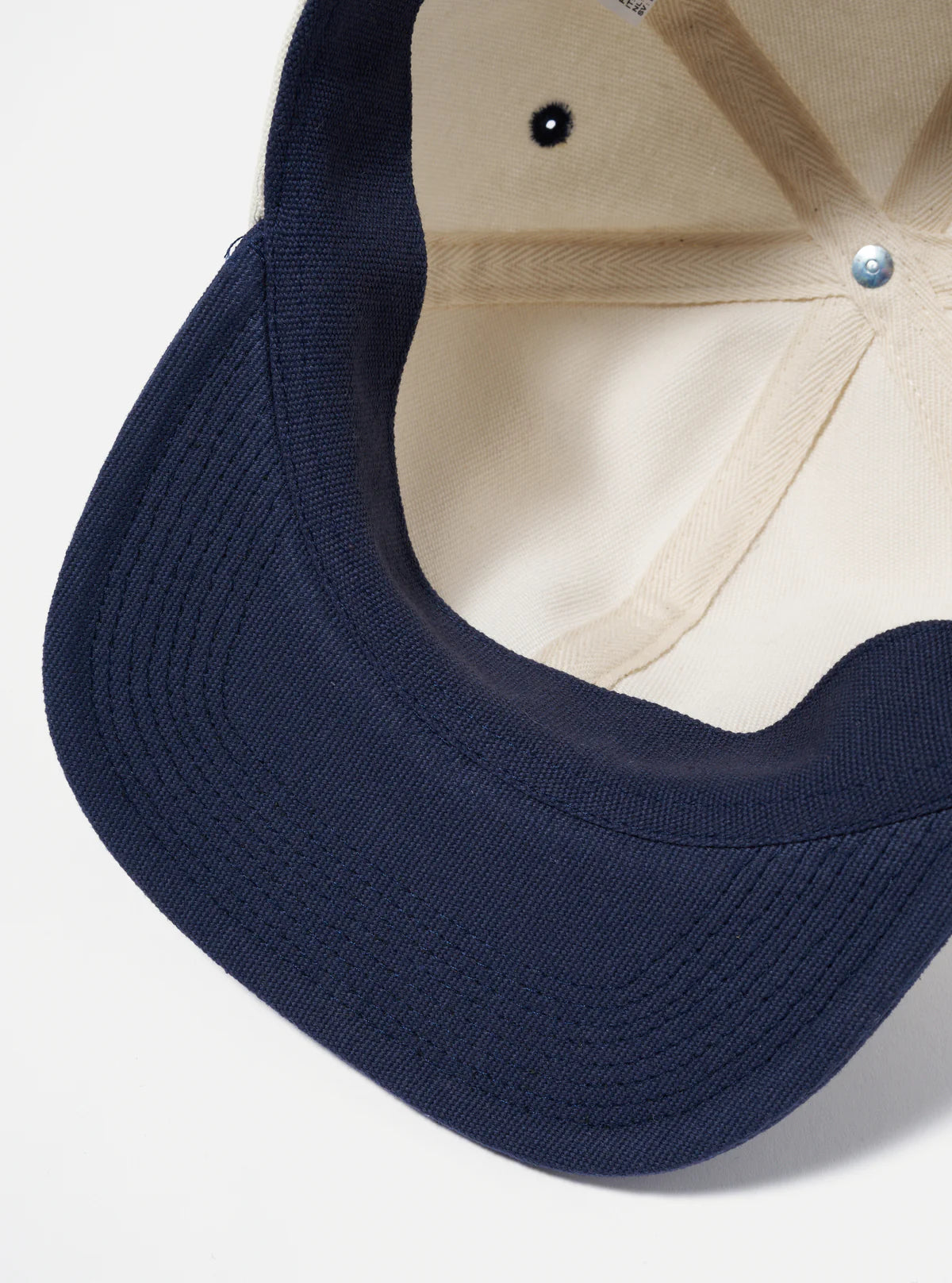 UNIVERSAL WORKS Baseball Hat in Ecru Navy Canvas