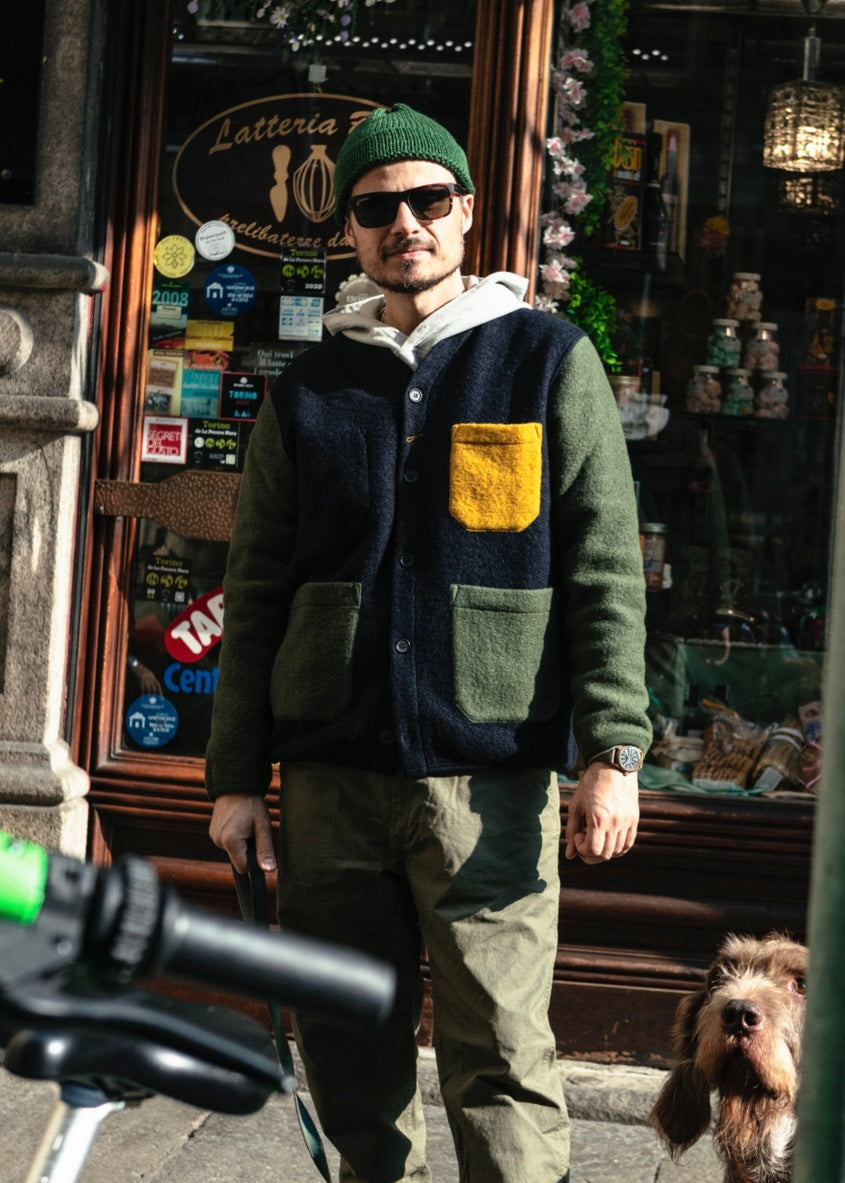 UNIVERSAL WORKS x Fresh Cardigan Wool Fleece Navy Yellow