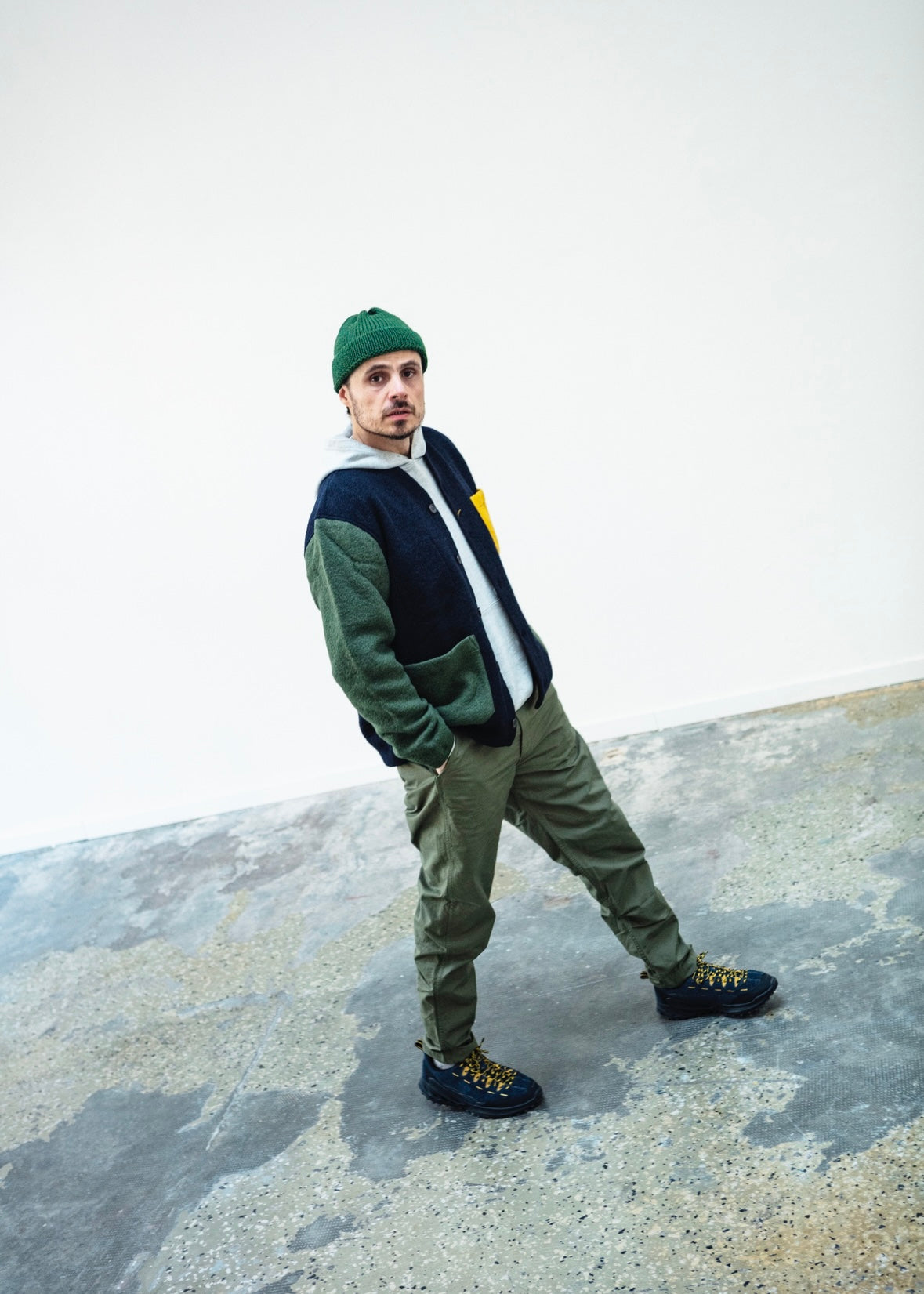 UNIVERSAL WORKS x Fresh Cardigan Wool Fleece Navy Yellow