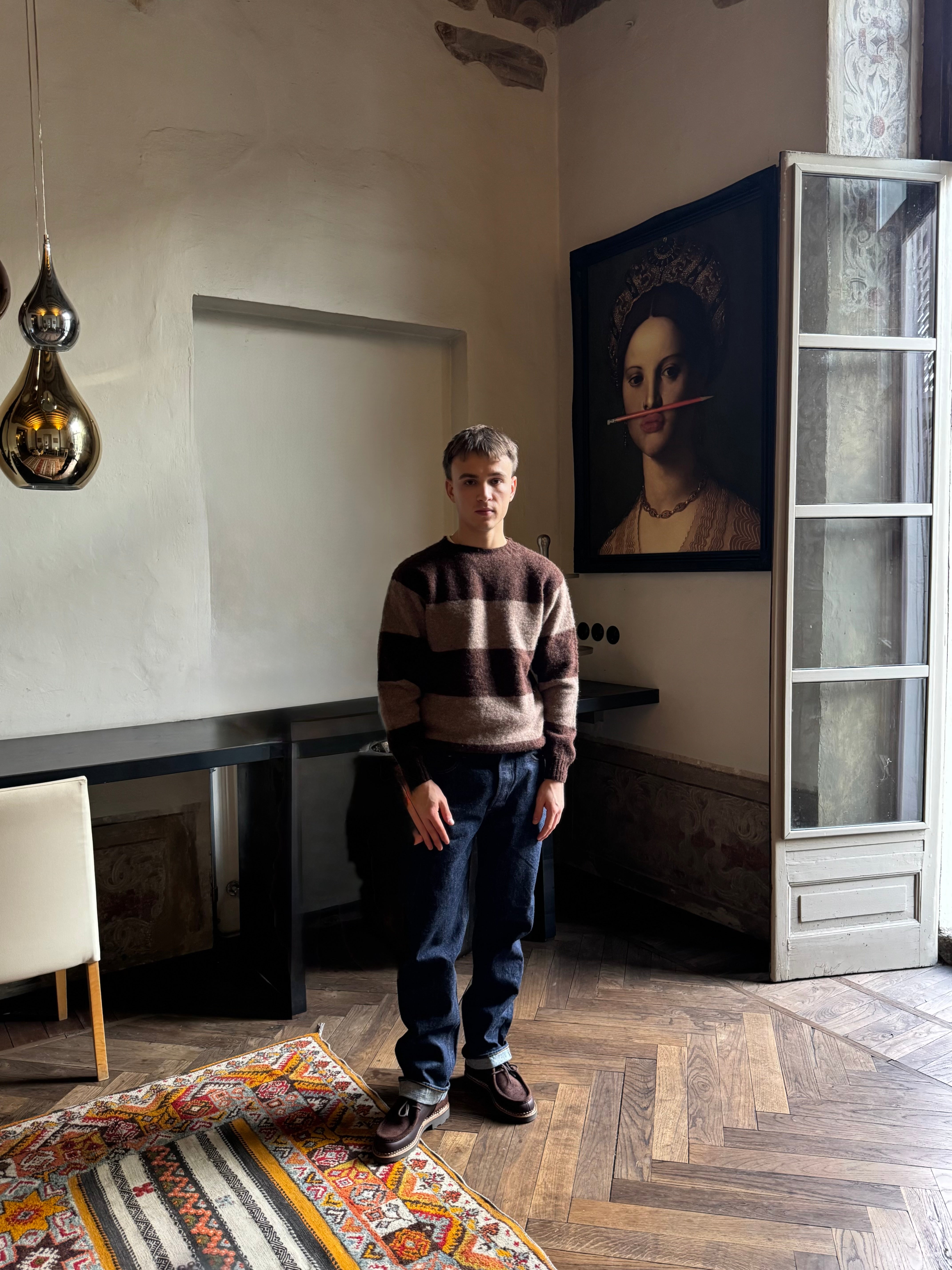 FRESH Sean Shaggy Shetland Wool Striped Sweater In Marron Tundra