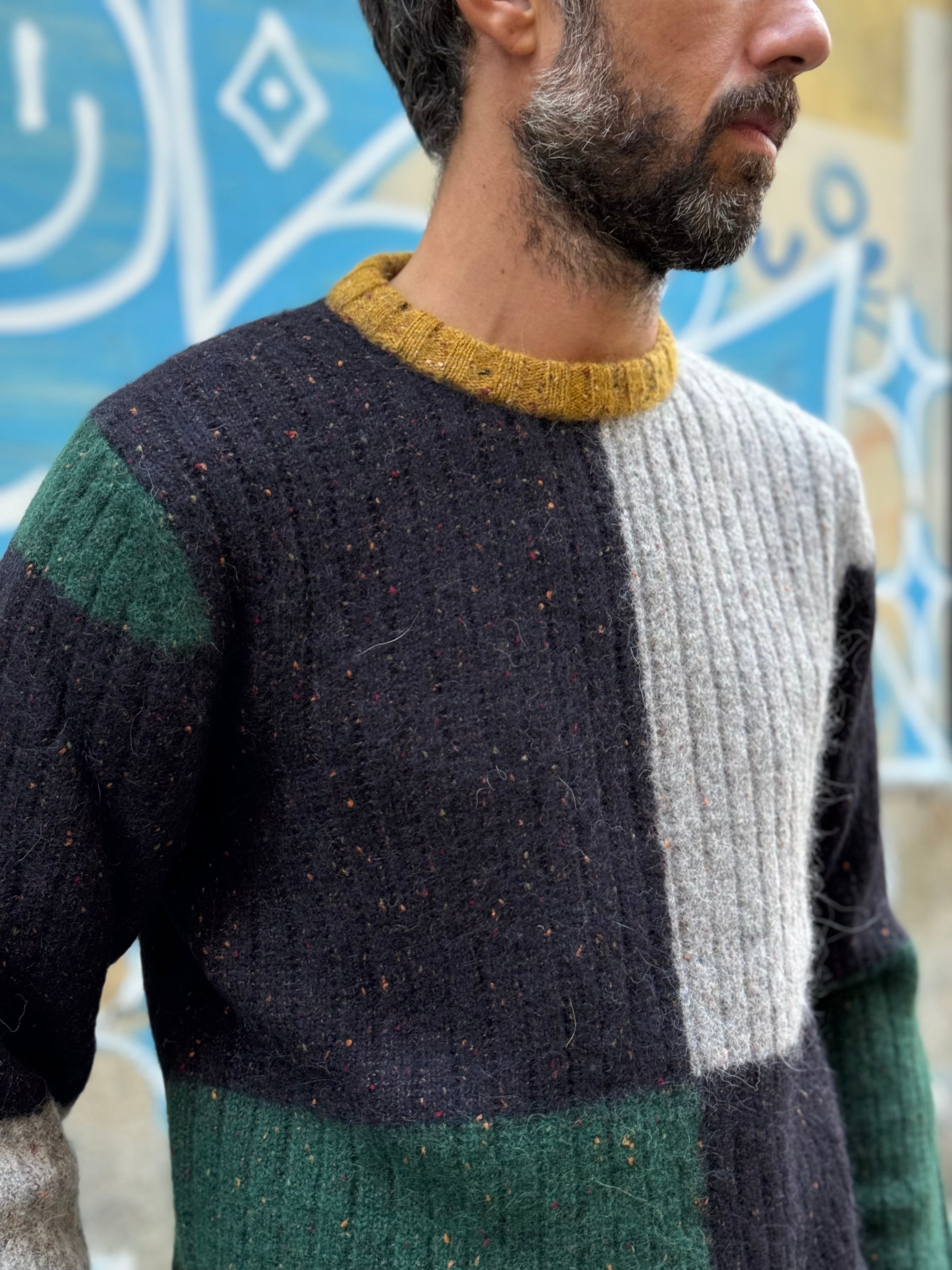 FRESH Issey 2 Multi Colorblock Crew Neck Wool Sweater