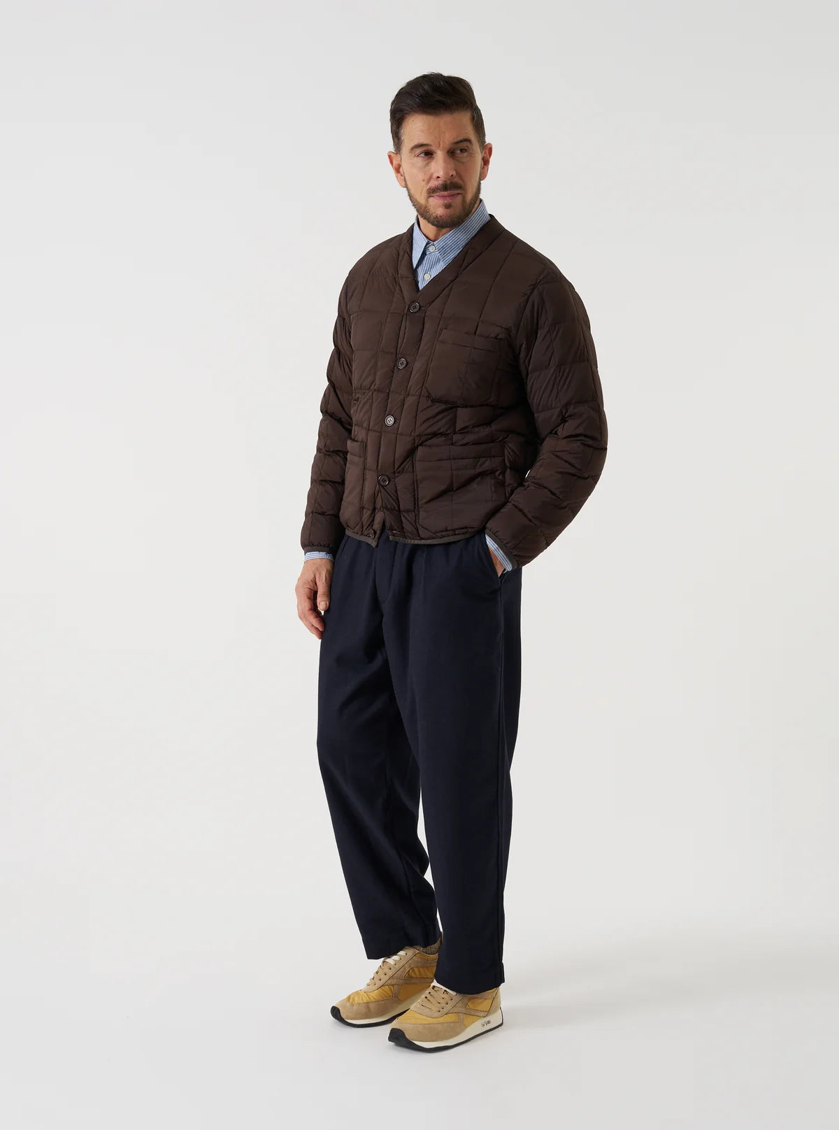 TAION x UNIVERSAL WORKS Brown Nylon Soft Shell Down Cardigan