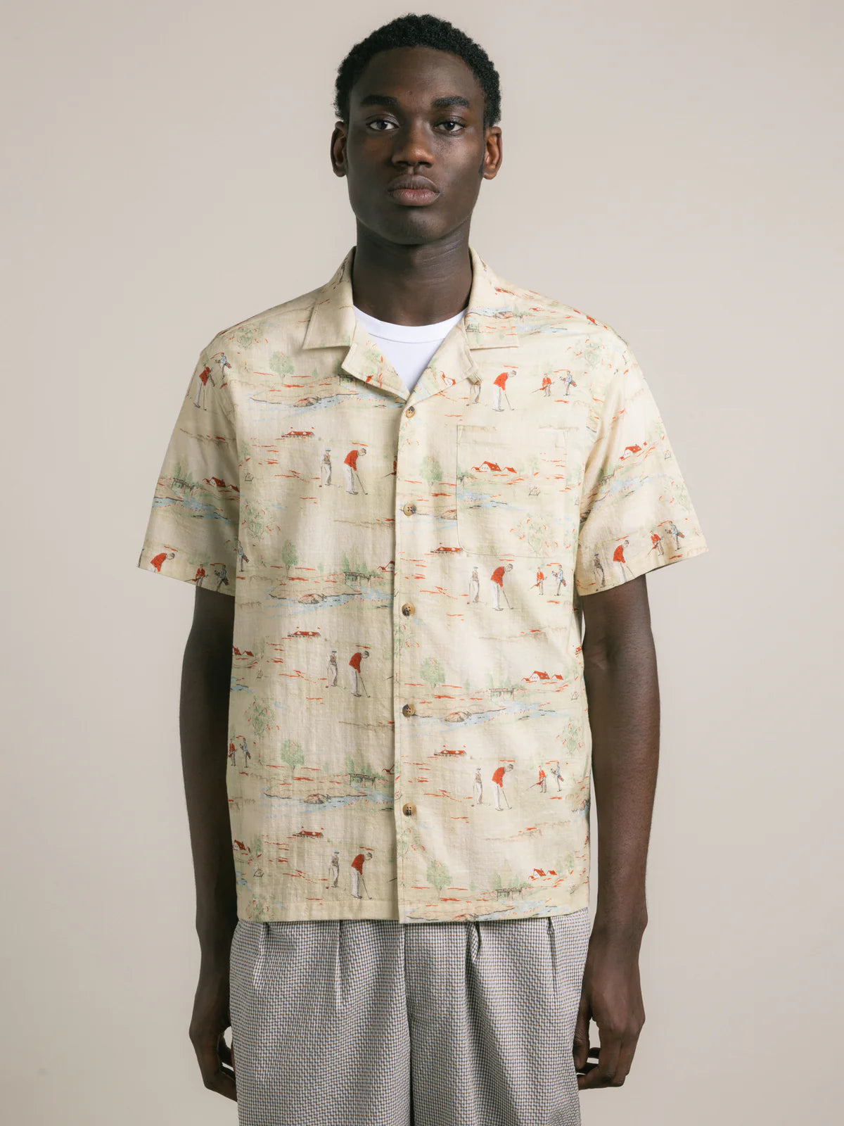 KESTIN Crammond Shirt in Oatmeal Golf Print Cotton