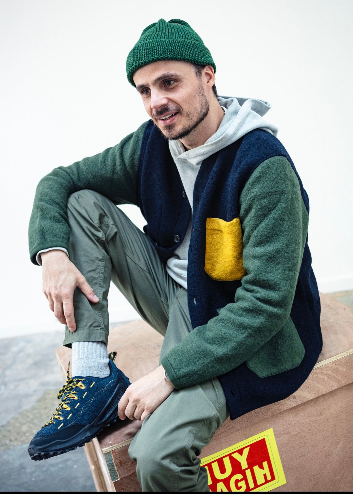 UNIVERSAL WORKS x Fresh Cardigan Wool Fleece Navy Yellow