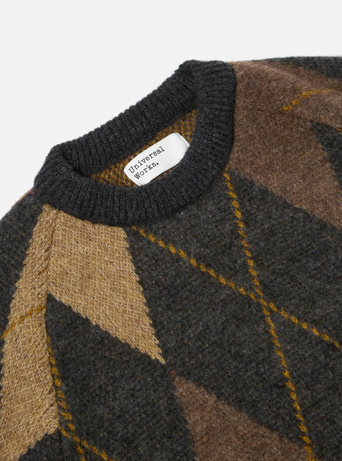 UNIVERSAL WORKS Brown Alpaca Knit Big Argyll Crew