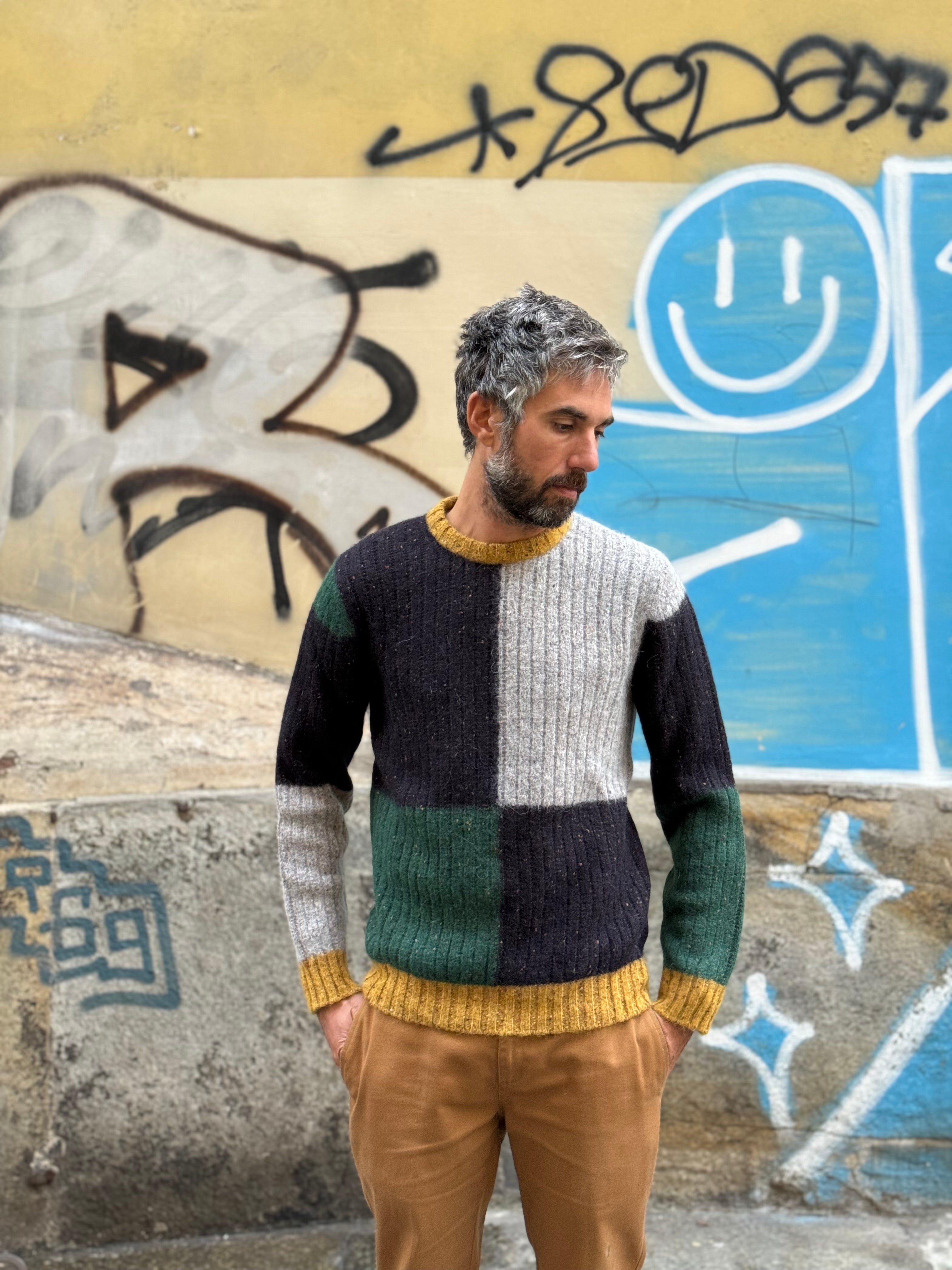FRESH Issey 2 Multi Colorblock Crew Neck Wool Sweater