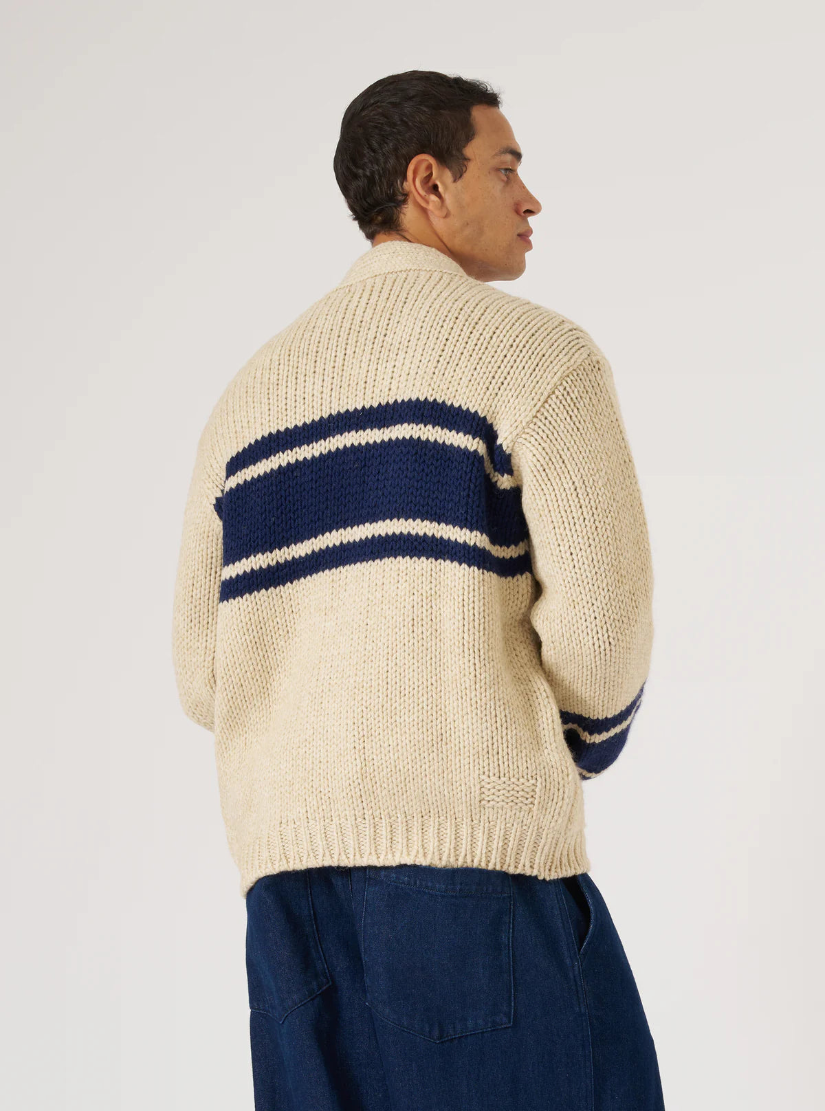 UNIVERSAL WORKS Sand Chunky Knit Stripe Langdale Cardigan