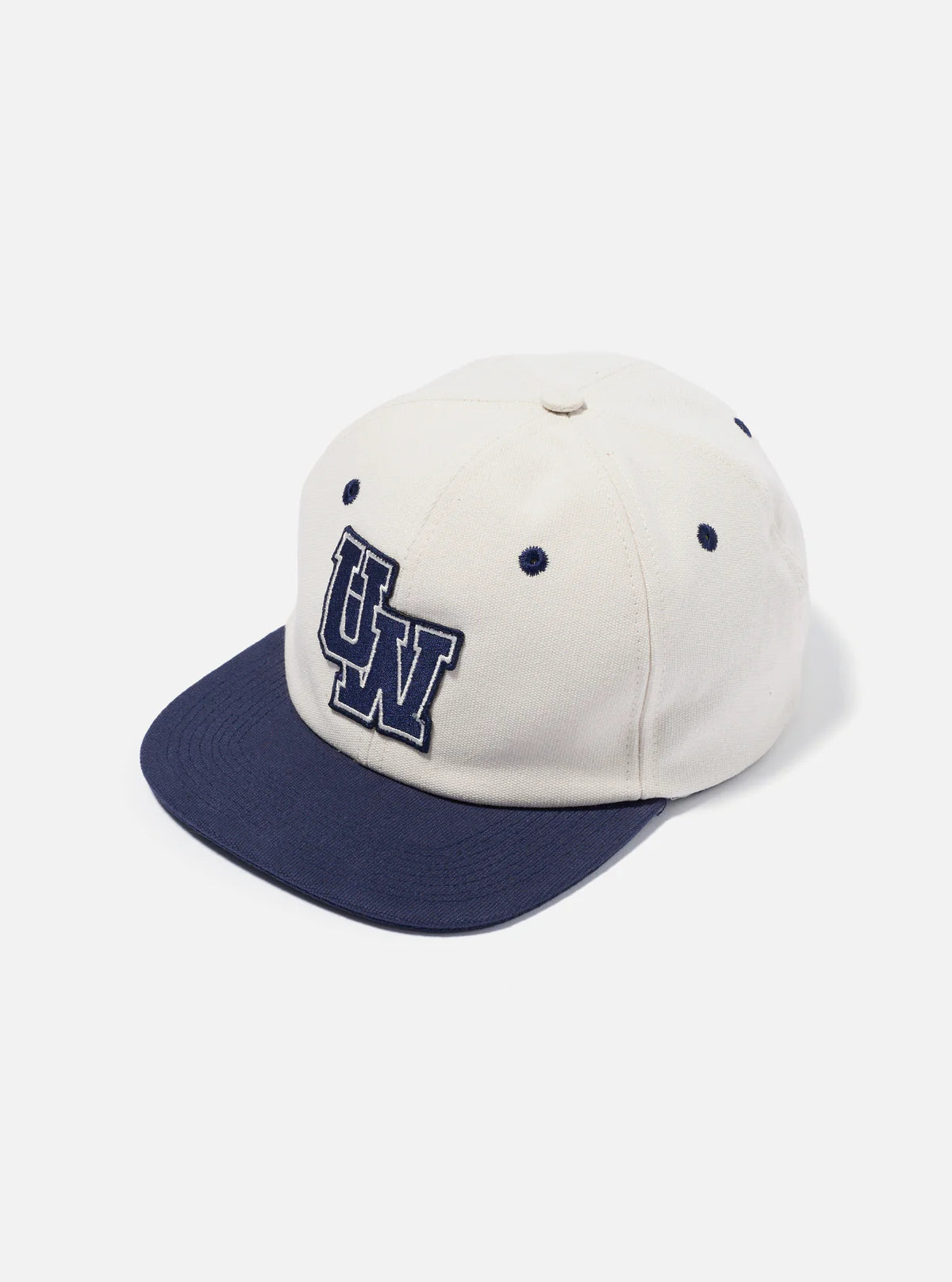UNIVERSAL WORKS Baseball Hat in Ecru Navy Canvas