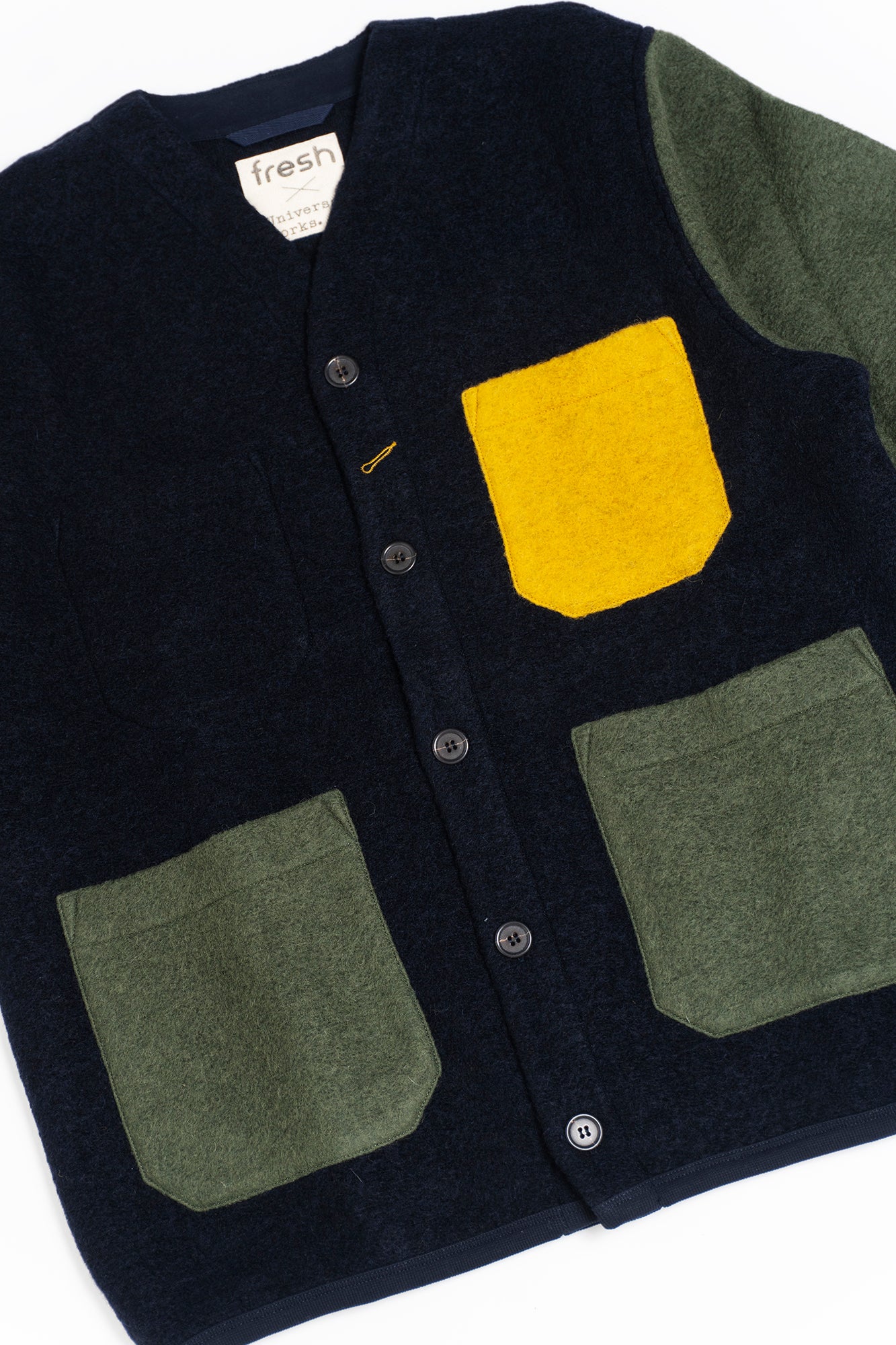UNIVERSAL WORKS x Fresh Cardigan Wool Fleece Navy Yellow