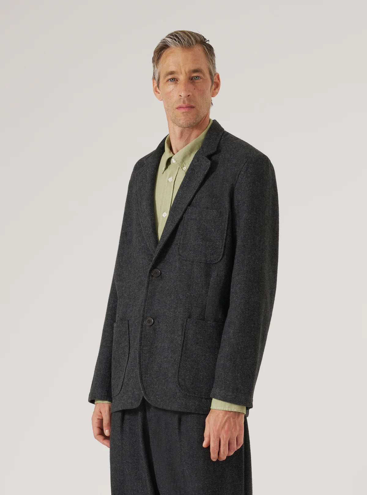 UNIVERSAL WORKS Grey Anders Wool Upcycled Two Button Jacket
