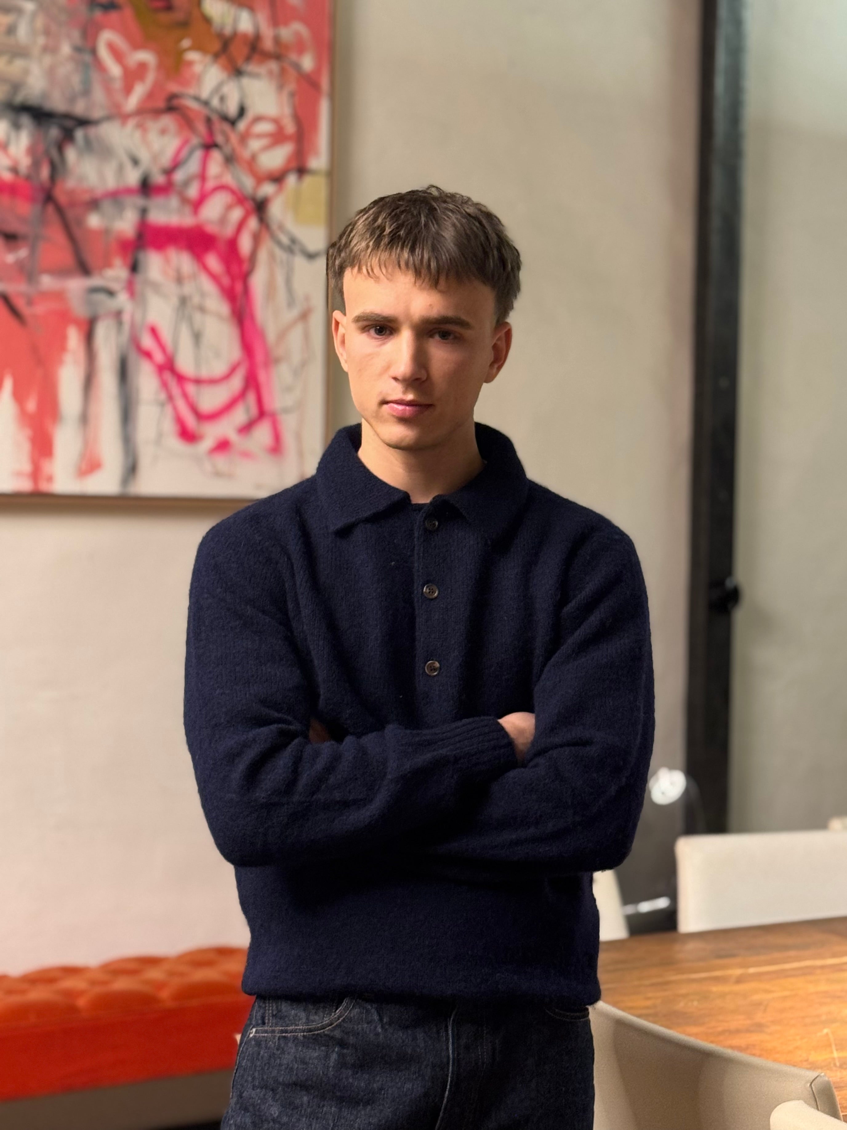 FRESH Paul Shaggy Shetland Wool Polo Sweater In Navy