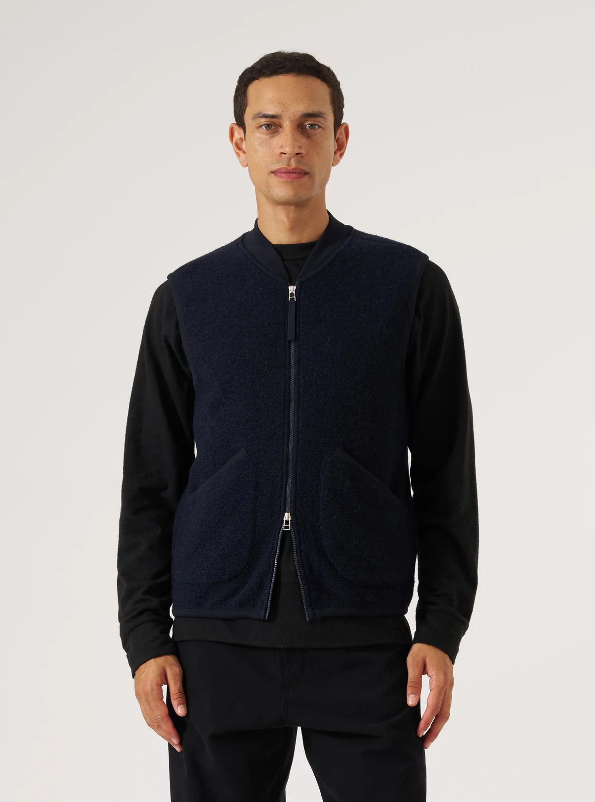 UNIVERSAL WORKS Navy Wool Fleece Zip Waistcoat