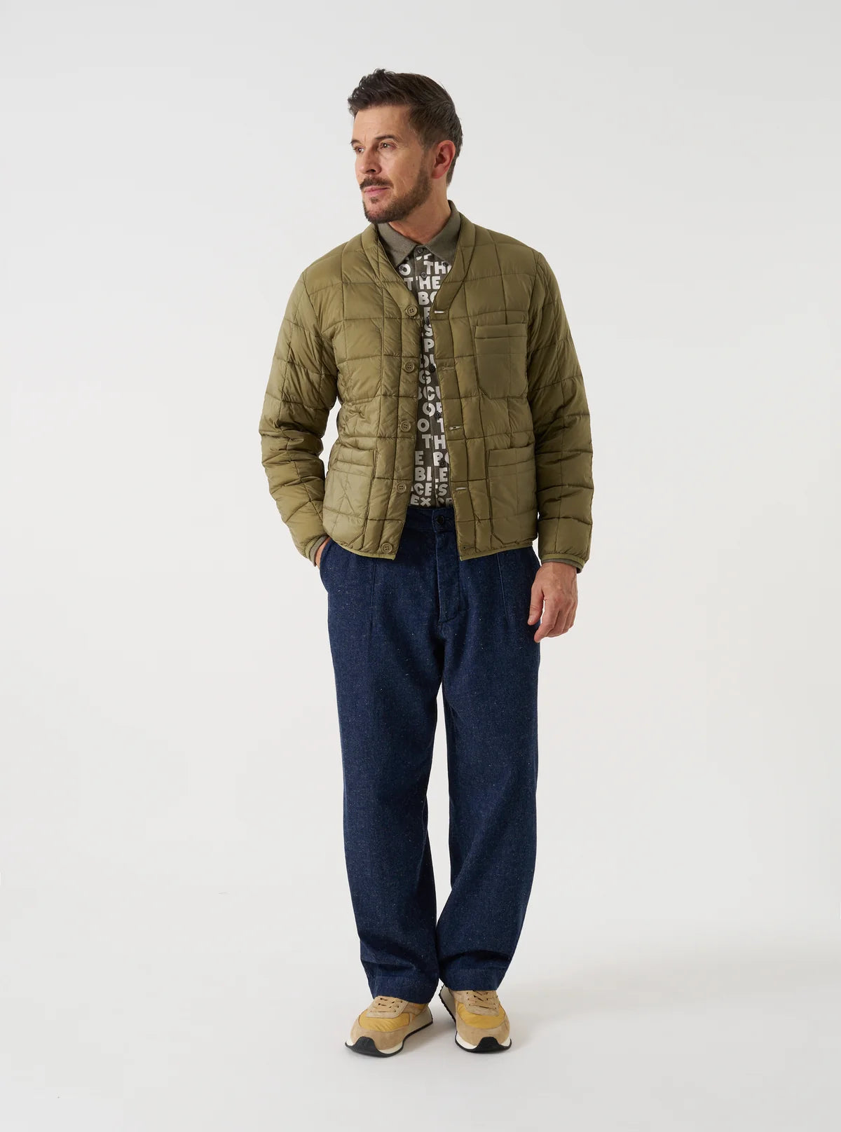 TAION x UNIVERSAL WORKS Green Nylon Soft Shell Down Cardigan