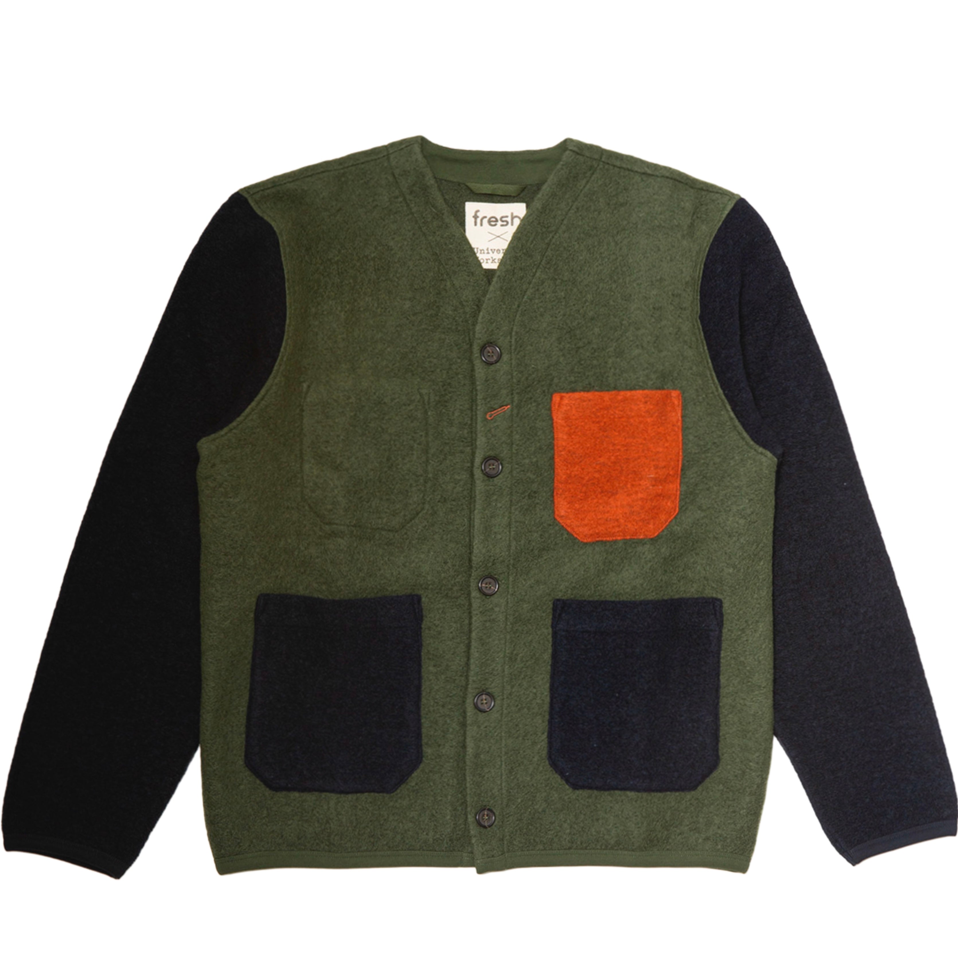 UNIVERSAL WORKS x Fresh Cardigan Wool Fleece Olive Rust