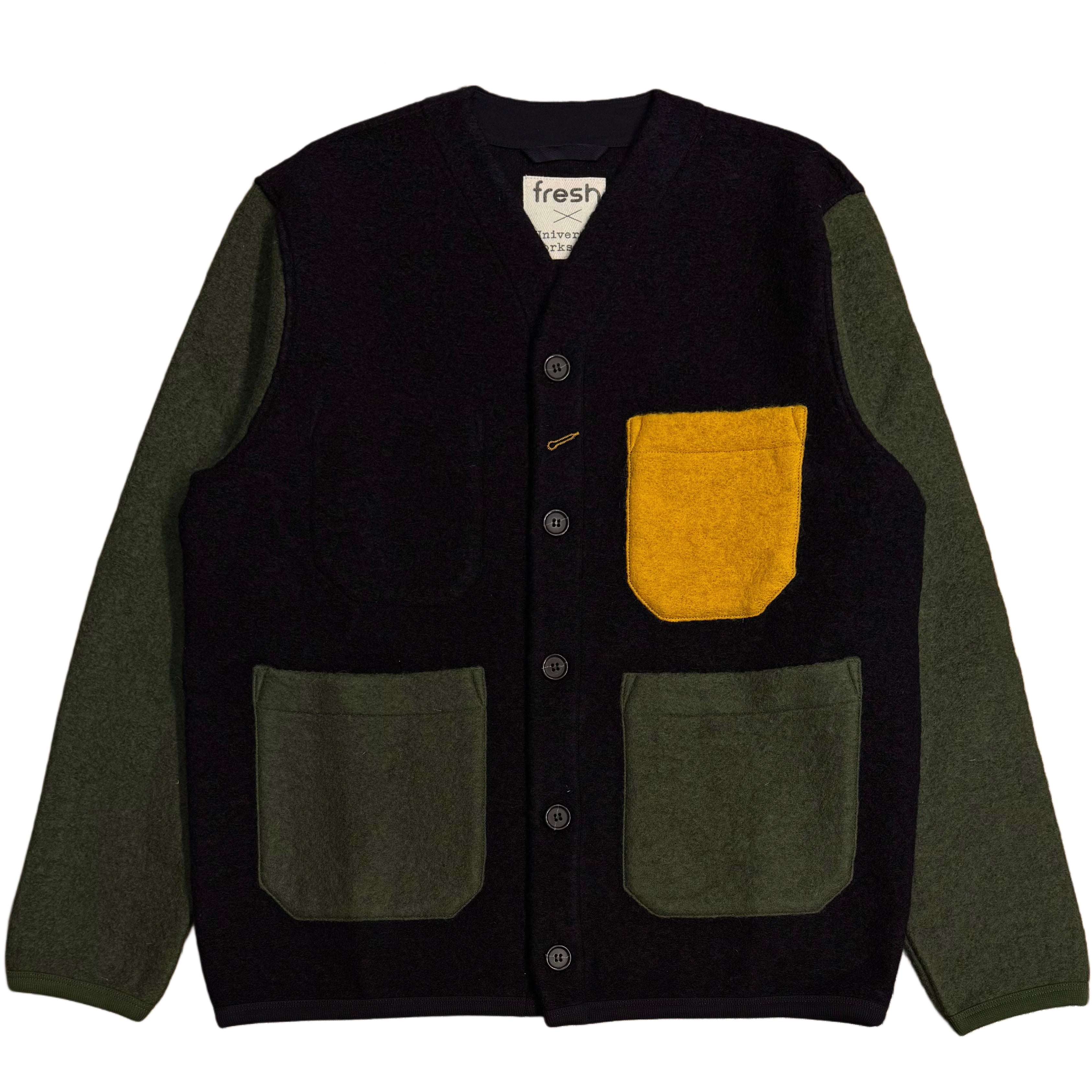 UNIVERSAL WORKS x Fresh Cardigan Wool Fleece Navy Yellow