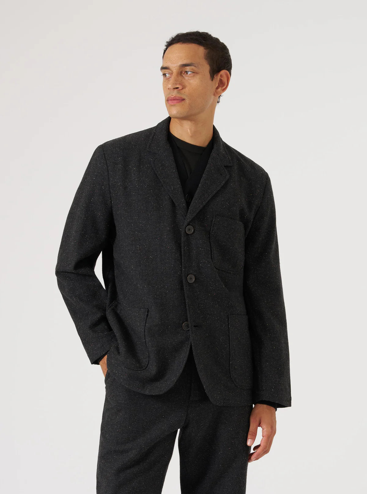 UNIVERSAL WORKS Black Salt N Pepper Tweed Three Button Jacket