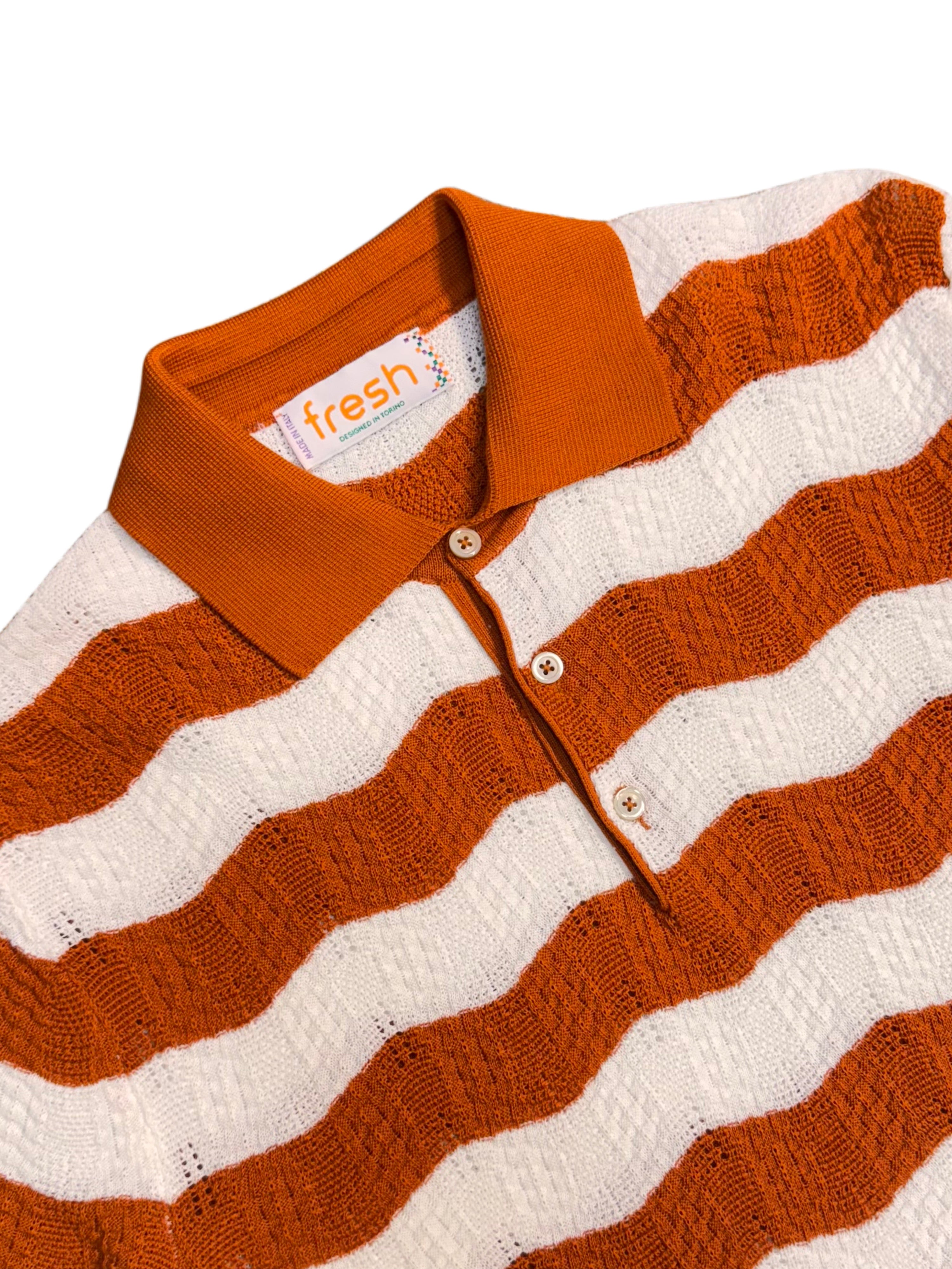 FRESH Retro Striped Cotton Polo Shirt in Burnt Orange and White