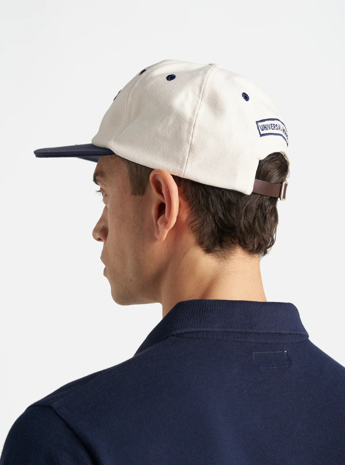 UNIVERSAL WORKS Baseball Hat in Ecru Navy Canvas