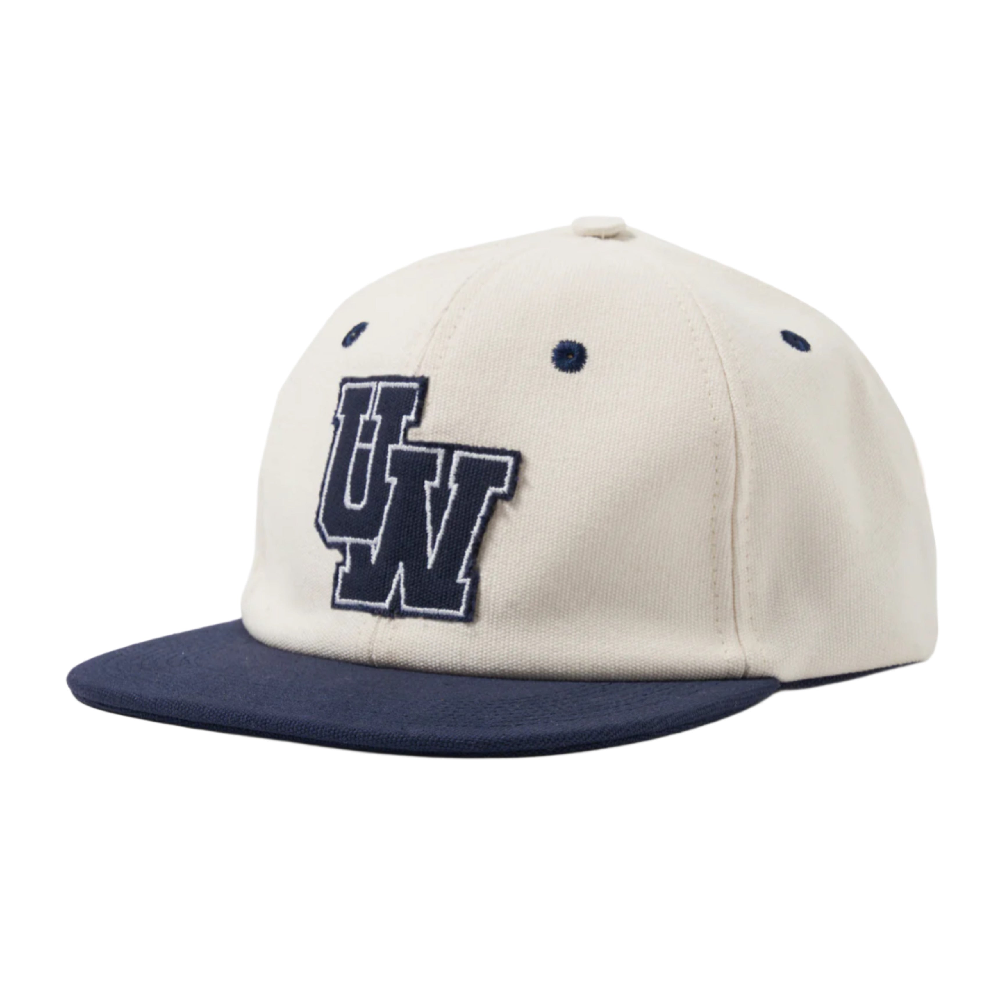 UNIVERSAL WORKS Baseball Hat in Ecru Navy Canvas
