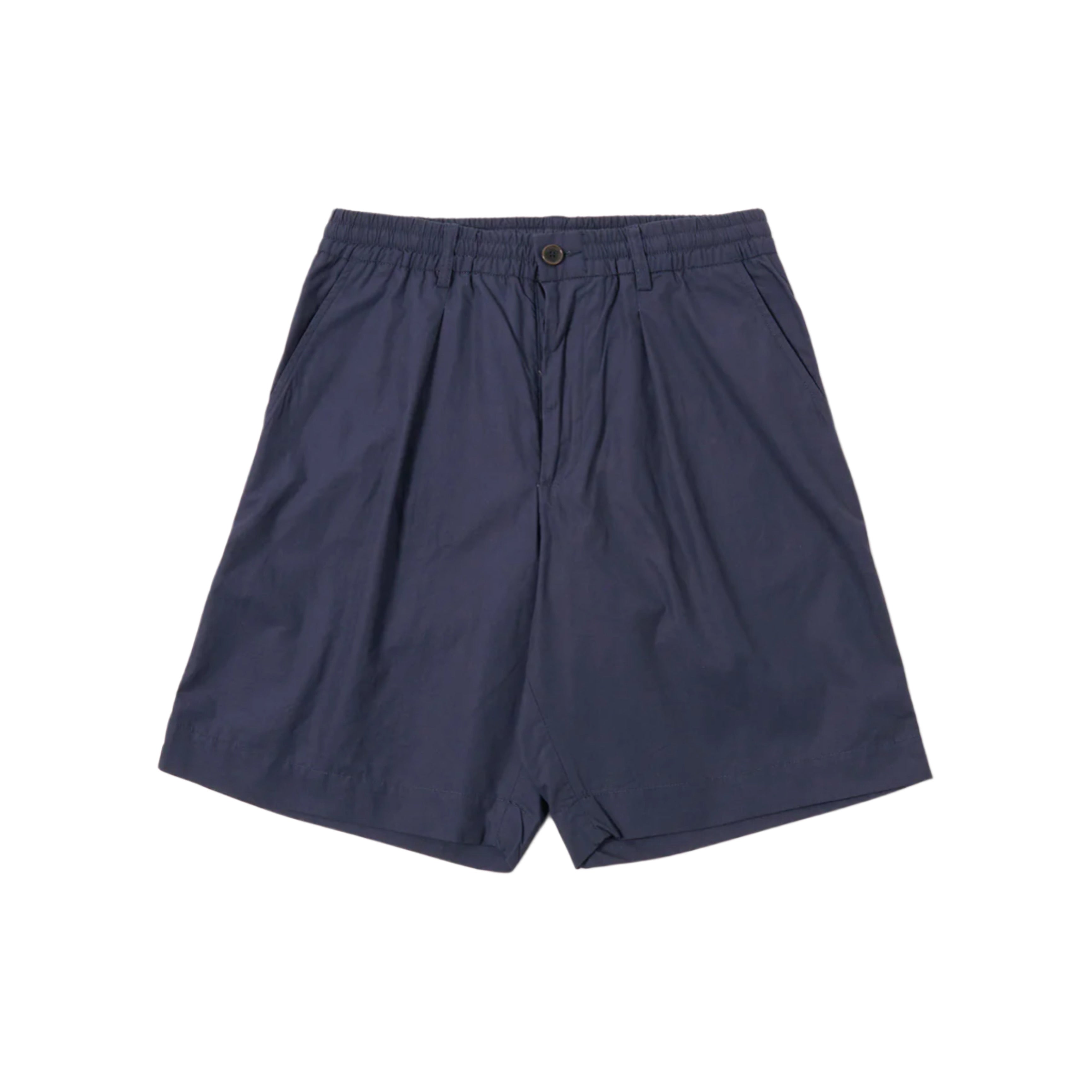 UNIVERSAL WORKS Navy Peached Poplin Pleated Track Short
