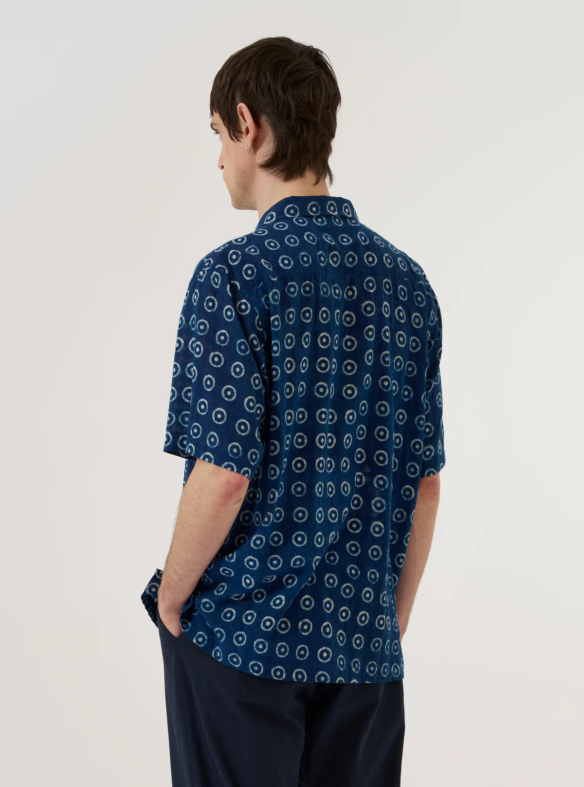 UNIVERSAL WORKS Indigo Block Print Circles Camper Shirt