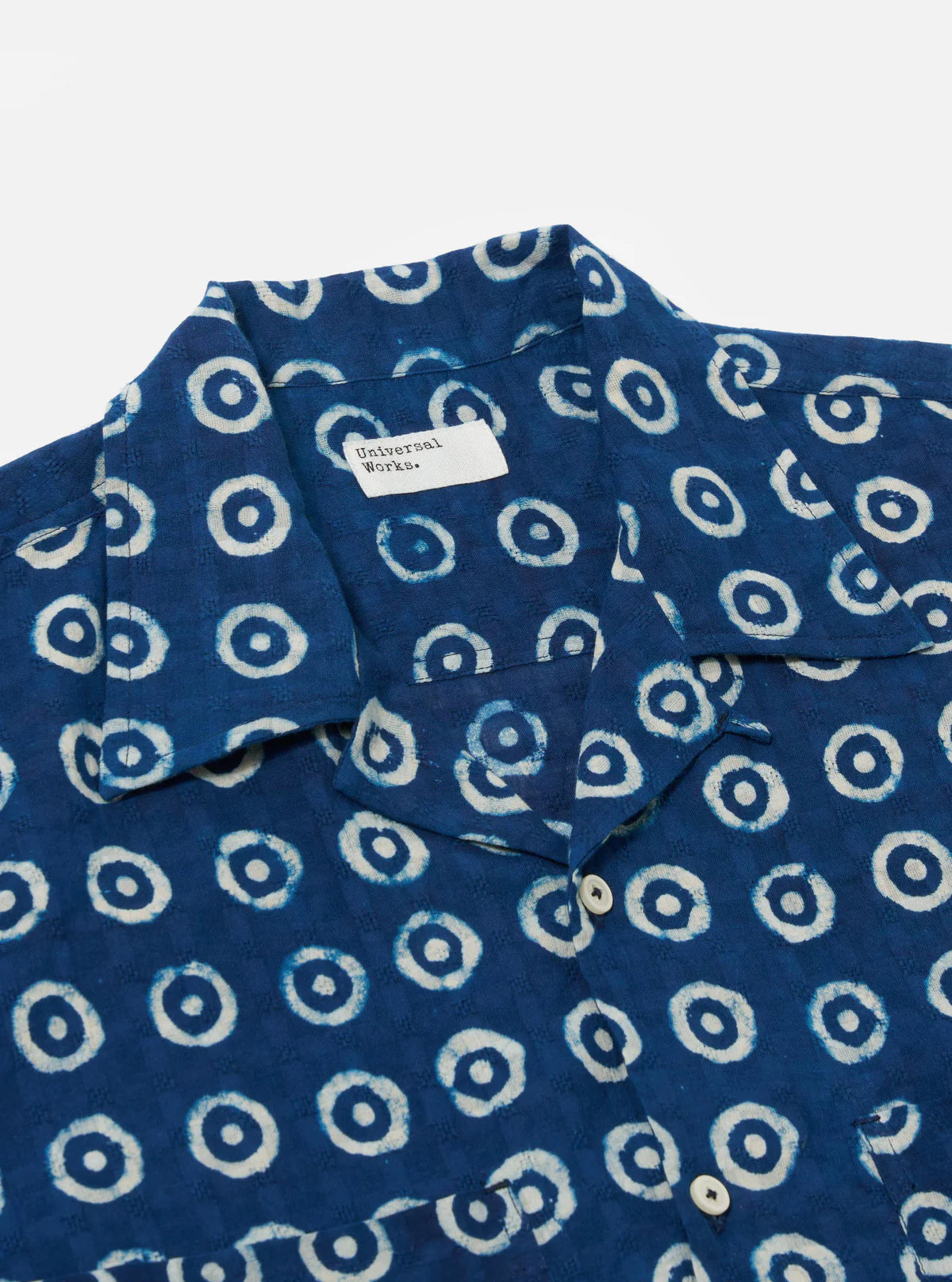 UNIVERSAL WORKS Indigo Block Print Circles Camper Shirt