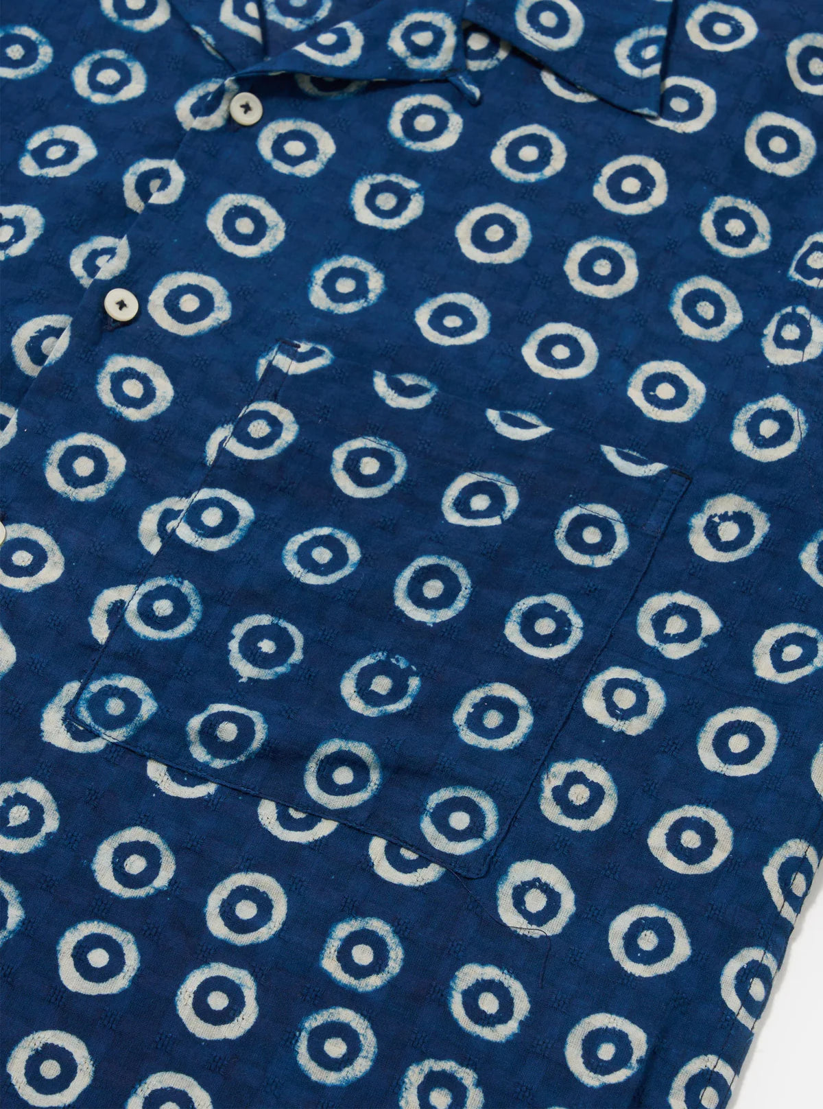 UNIVERSAL WORKS Indigo Block Print Circles Camper Shirt