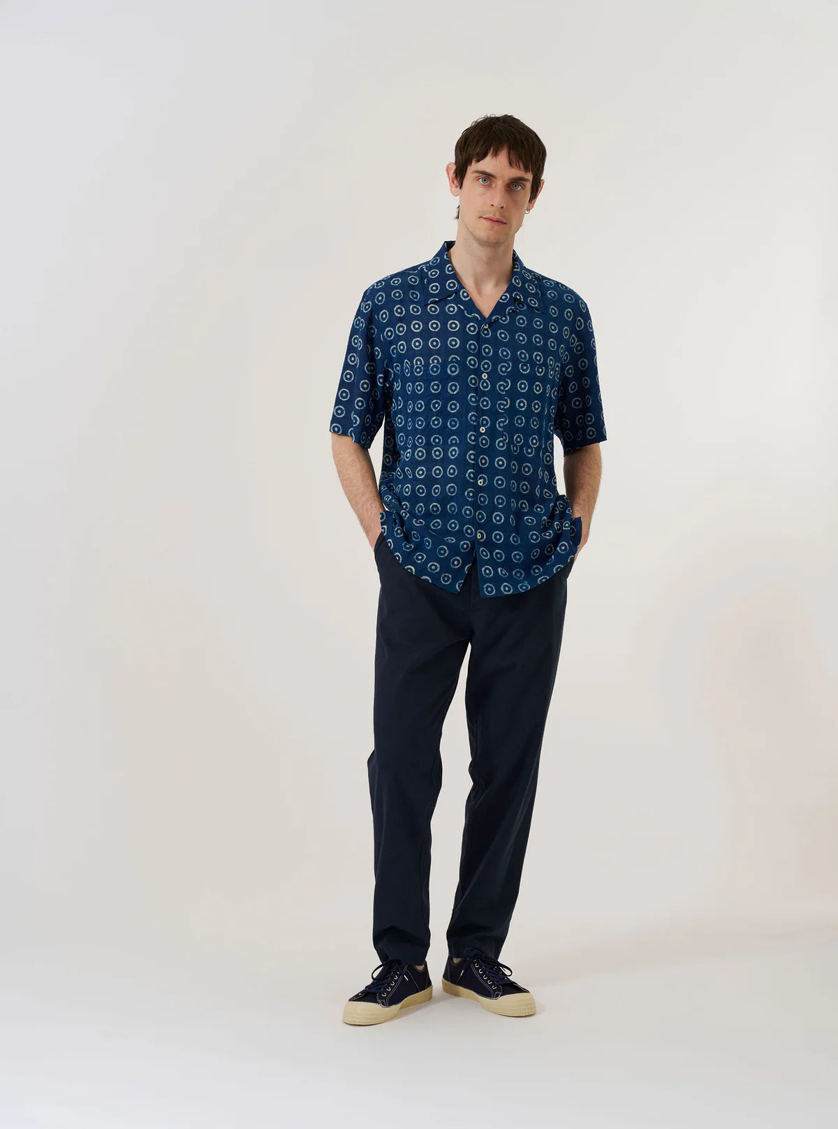 UNIVERSAL WORKS Indigo Block Print Circles Camper Shirt