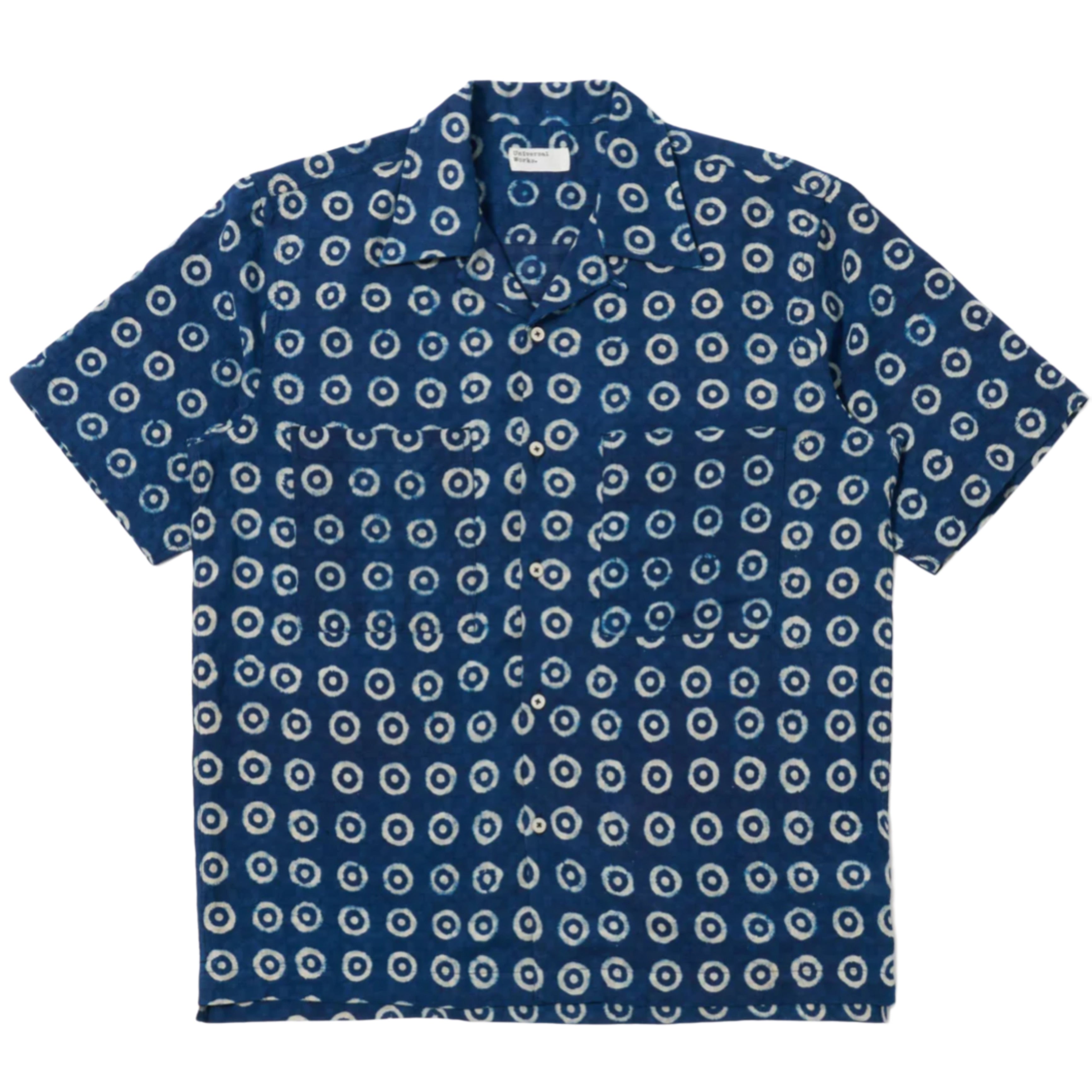 UNIVERSAL WORKS Indigo Block Print Circles Camper Shirt