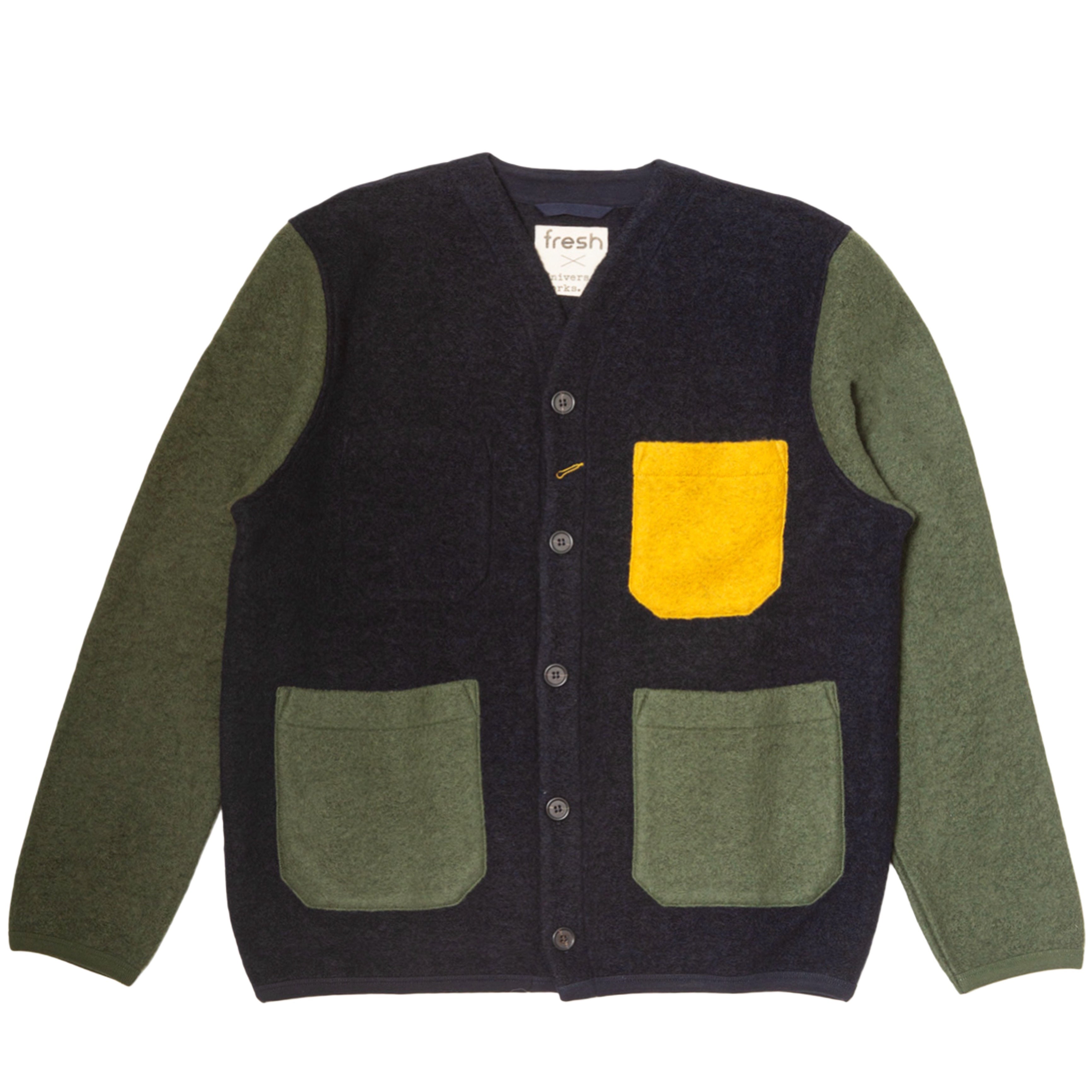 UNIVERSAL WORKS x Fresh Cardigan Wool Fleece Navy Yellow