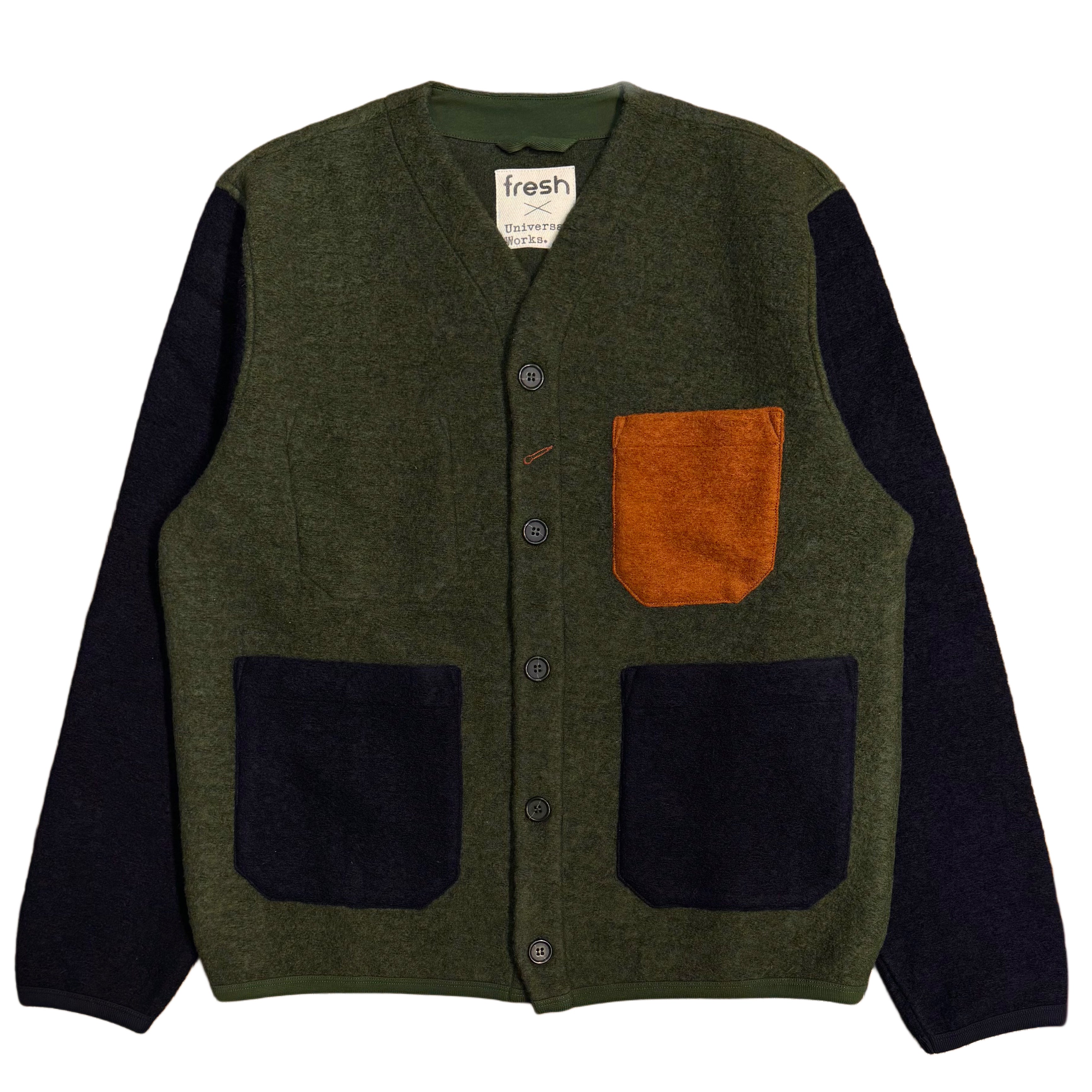 UNIVERSAL WORKS x Fresh Cardigan Wool Fleece Olive Rust