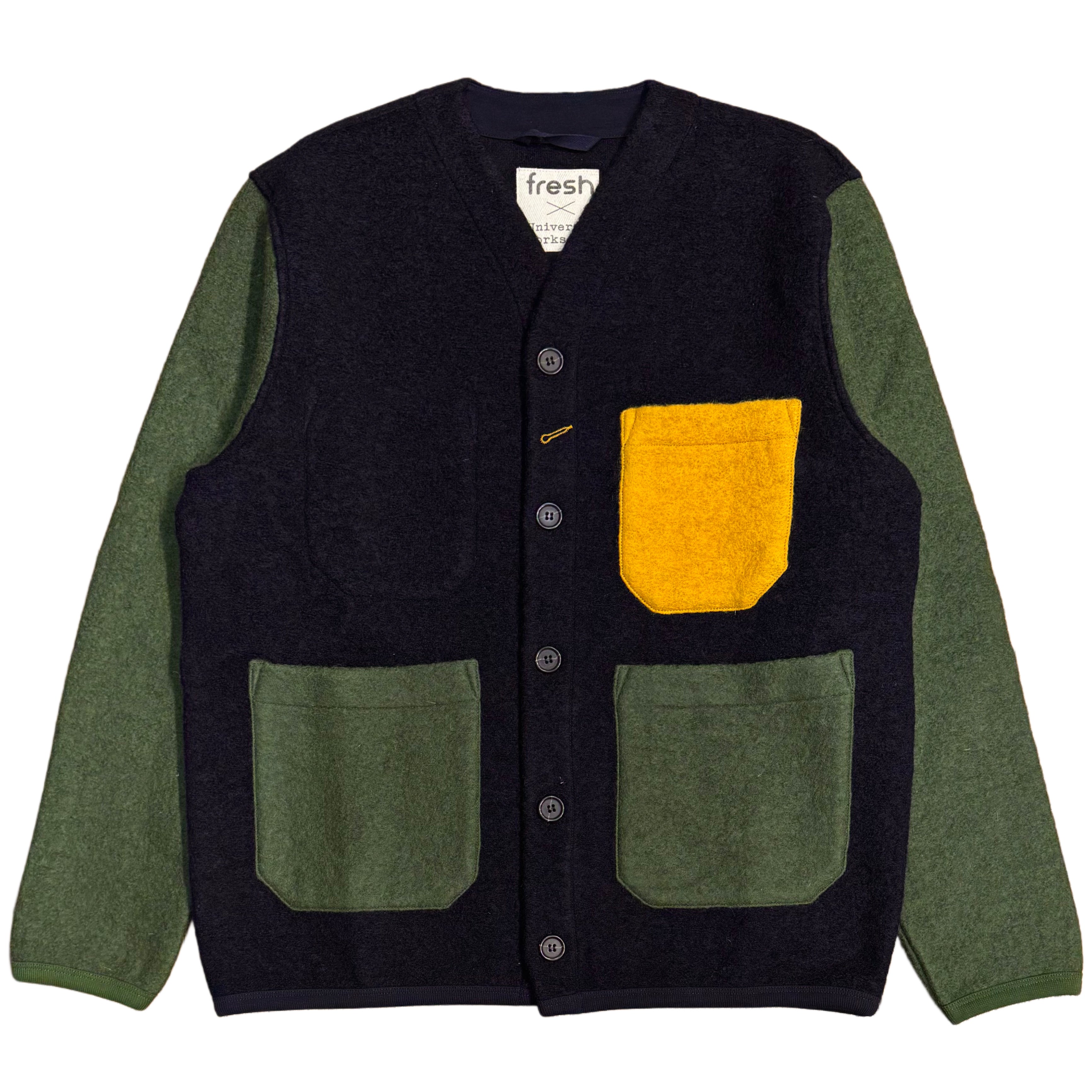 UNIVERSAL WORKS x Fresh Cardigan Wool Fleece Navy Yellow