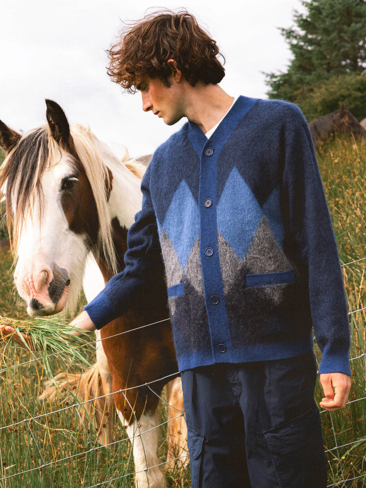 KESTIN Muirfield Argyle Cardigan in Navy Brushed Mohair