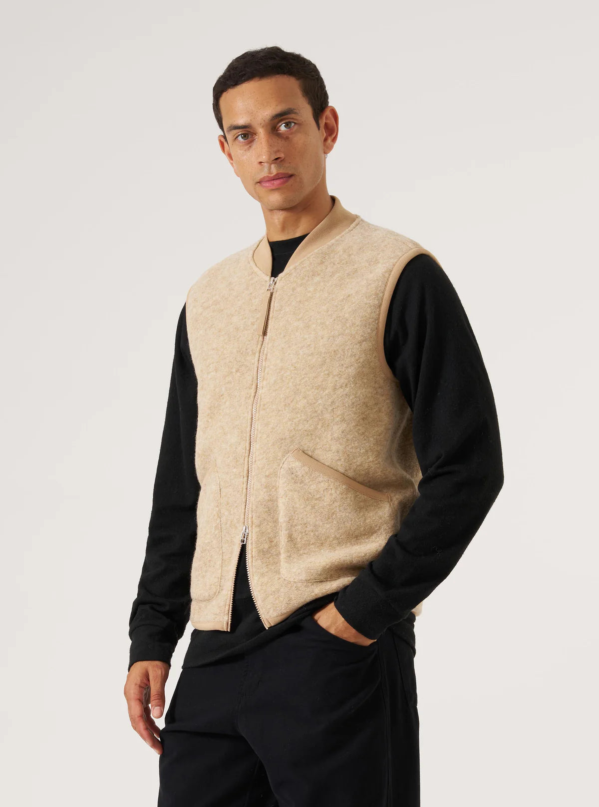 UNIVERSAL WORKS Fawn Wool Fleece Zip Waistcoat