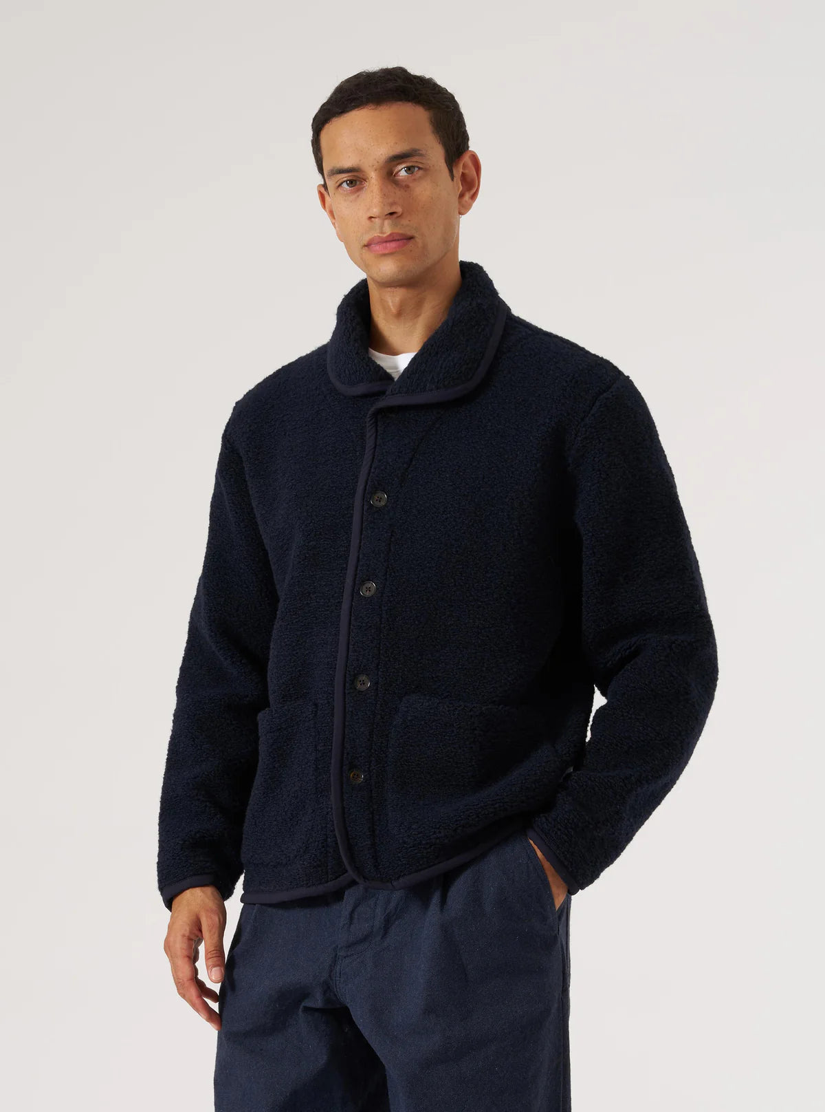 UNIVERSAL WORKS Navy Alvar Fleece Lancaster Jacket