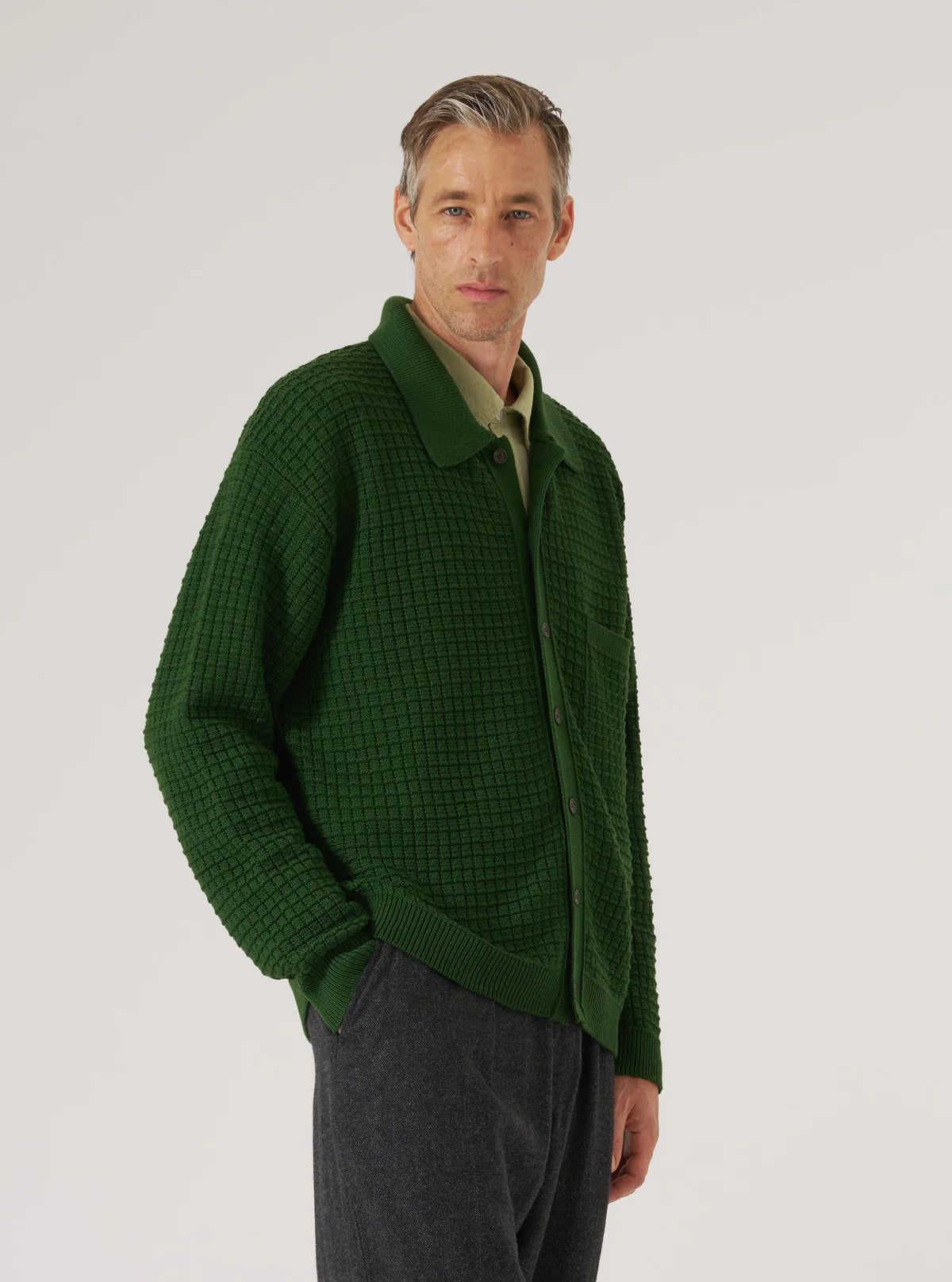 UNIVERSAL WORKS Green Textured Merino Knit Charlie Cardigan