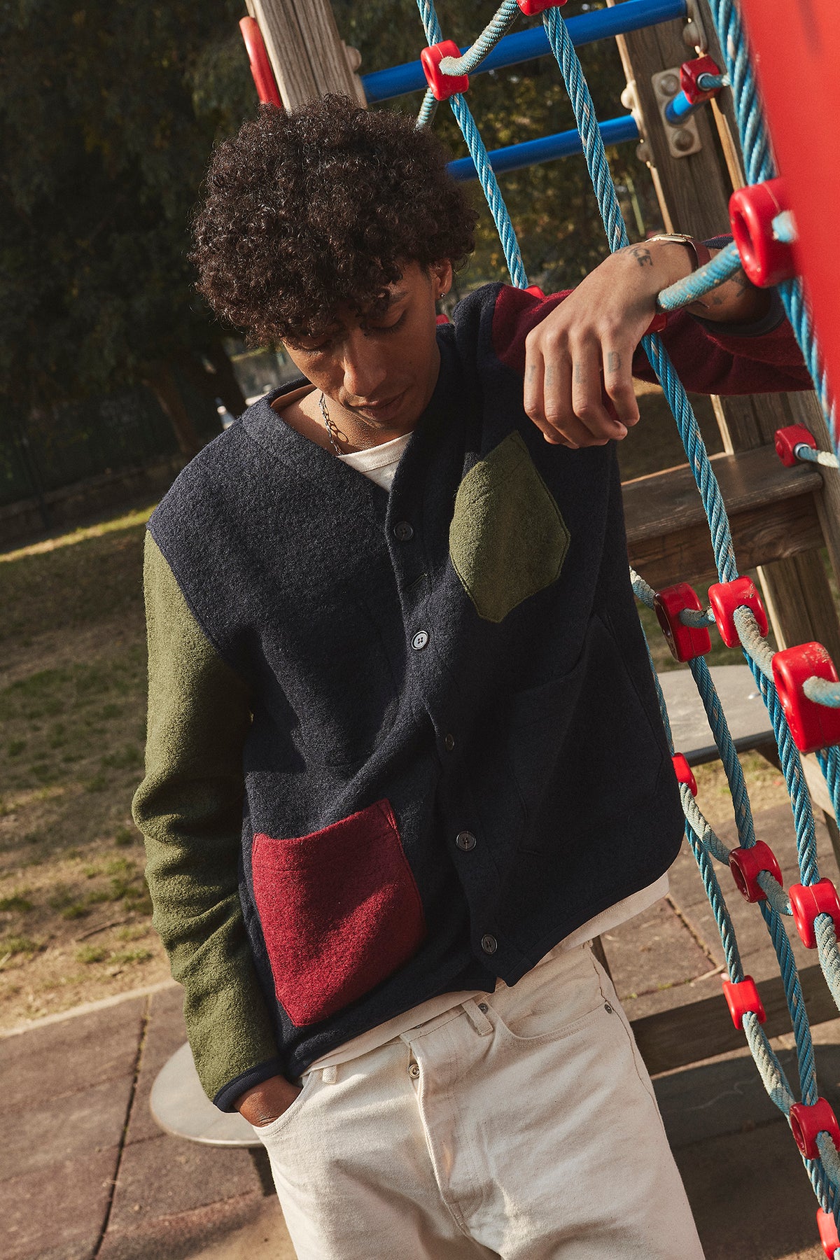 UNIVERSAL WORKS x Fresh Cardigan Wool Fleece Navy Bordeaux