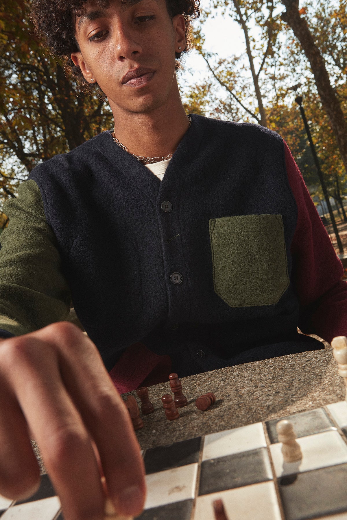 UNIVERSAL WORKS x Fresh Cardigan Wool Fleece Navy Bordeaux