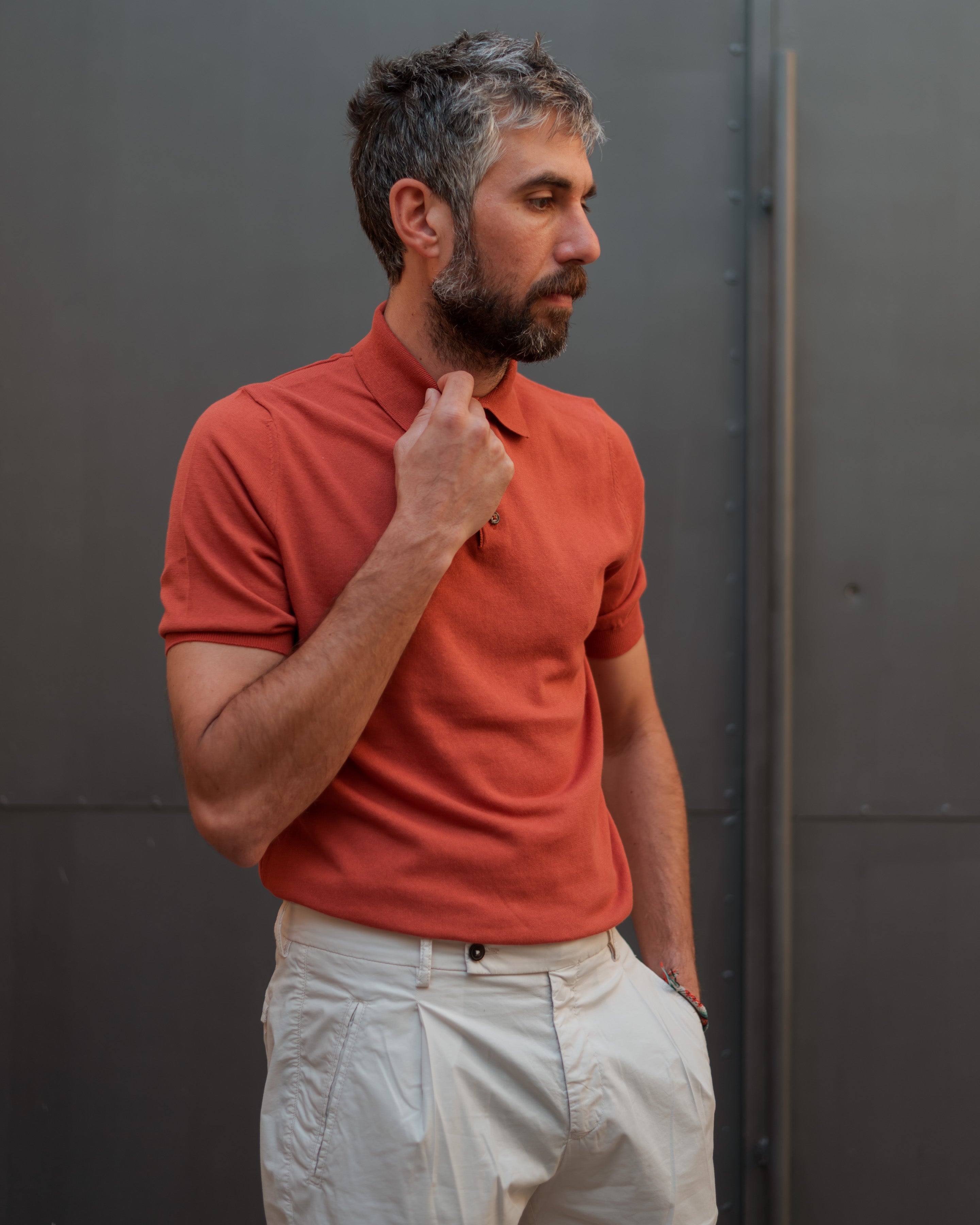 Polo FRESH lavorata a maglia in cotone crespo extra fine in rosso Cayenne