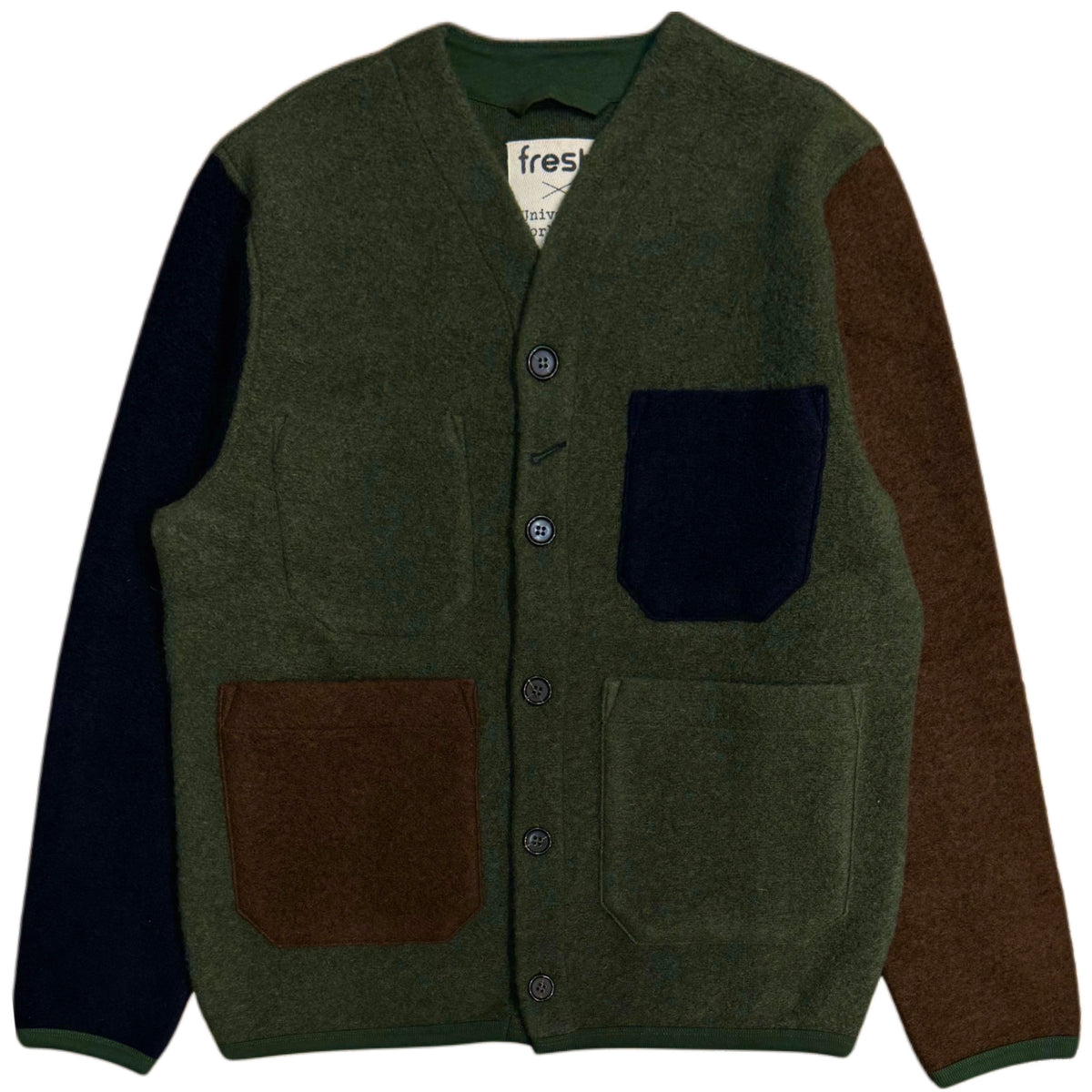 UNIVERSAL WORKS x Fresh Cardigan Wool Fleece Olive Cocoa