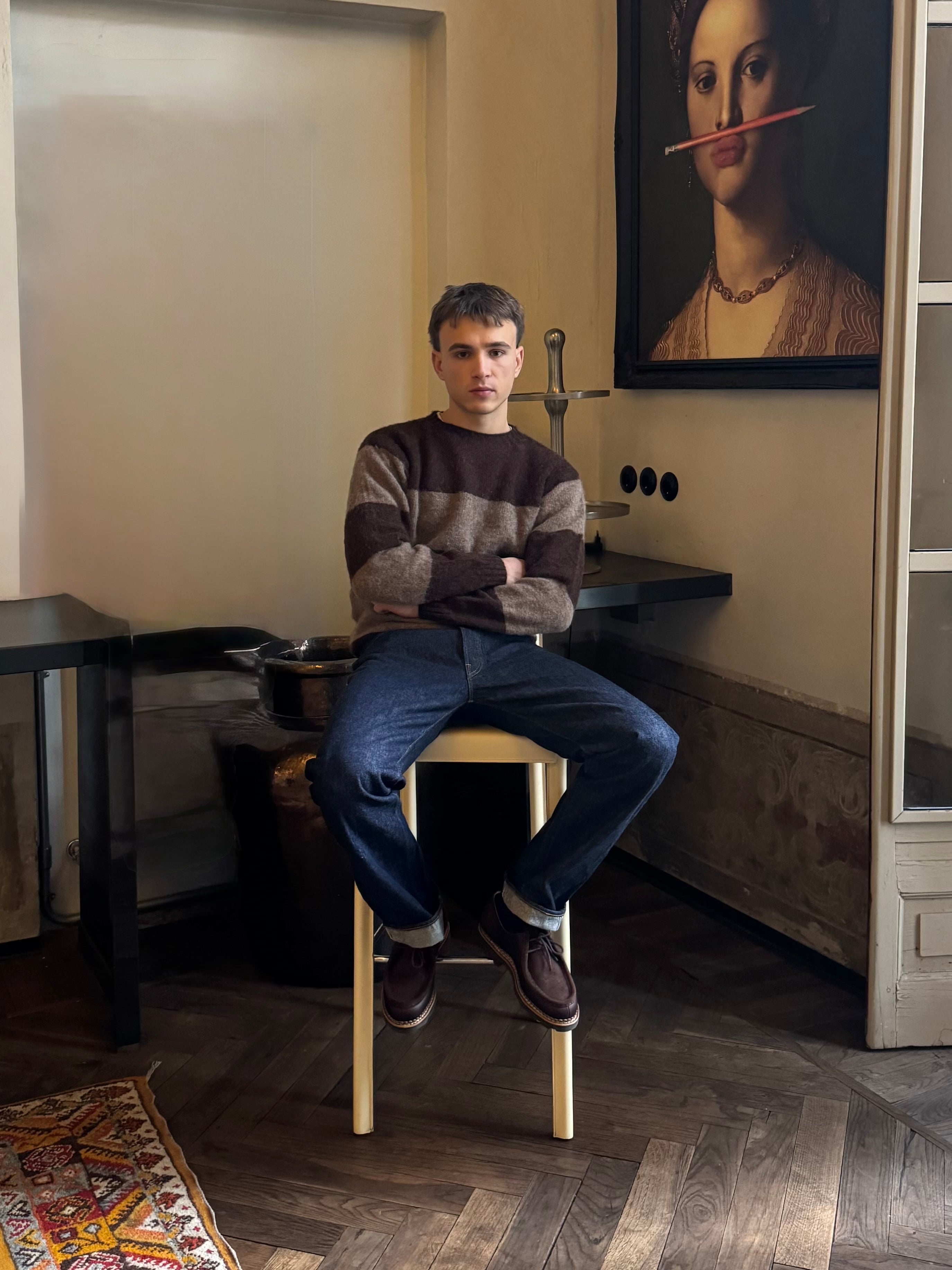 FRESH Sean Shaggy Shetland Wool Striped Sweater In Marron Tundra