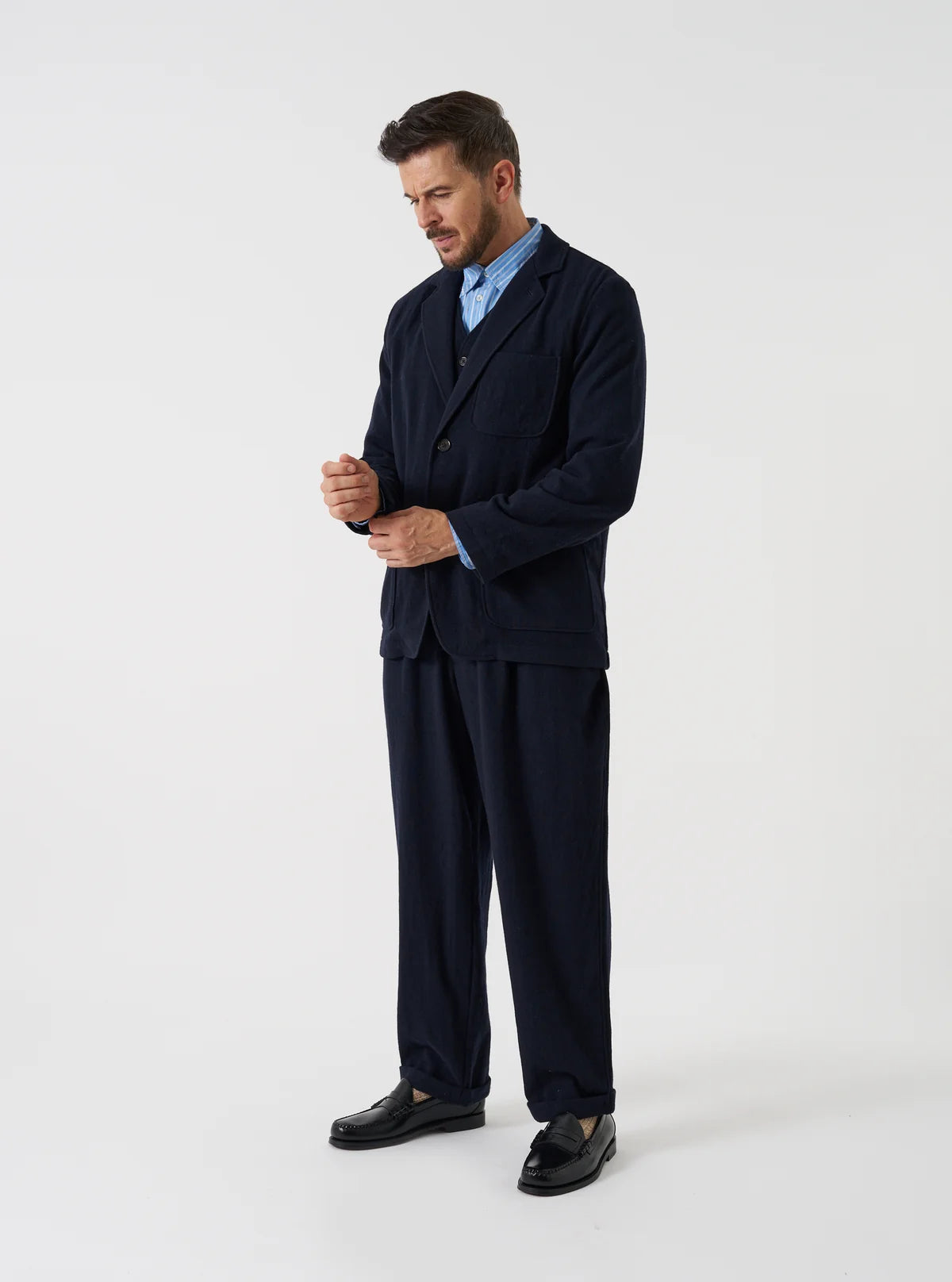 UNIVERSAL WORKS Dark Navy Robin Wool Mix Two Button Jacket