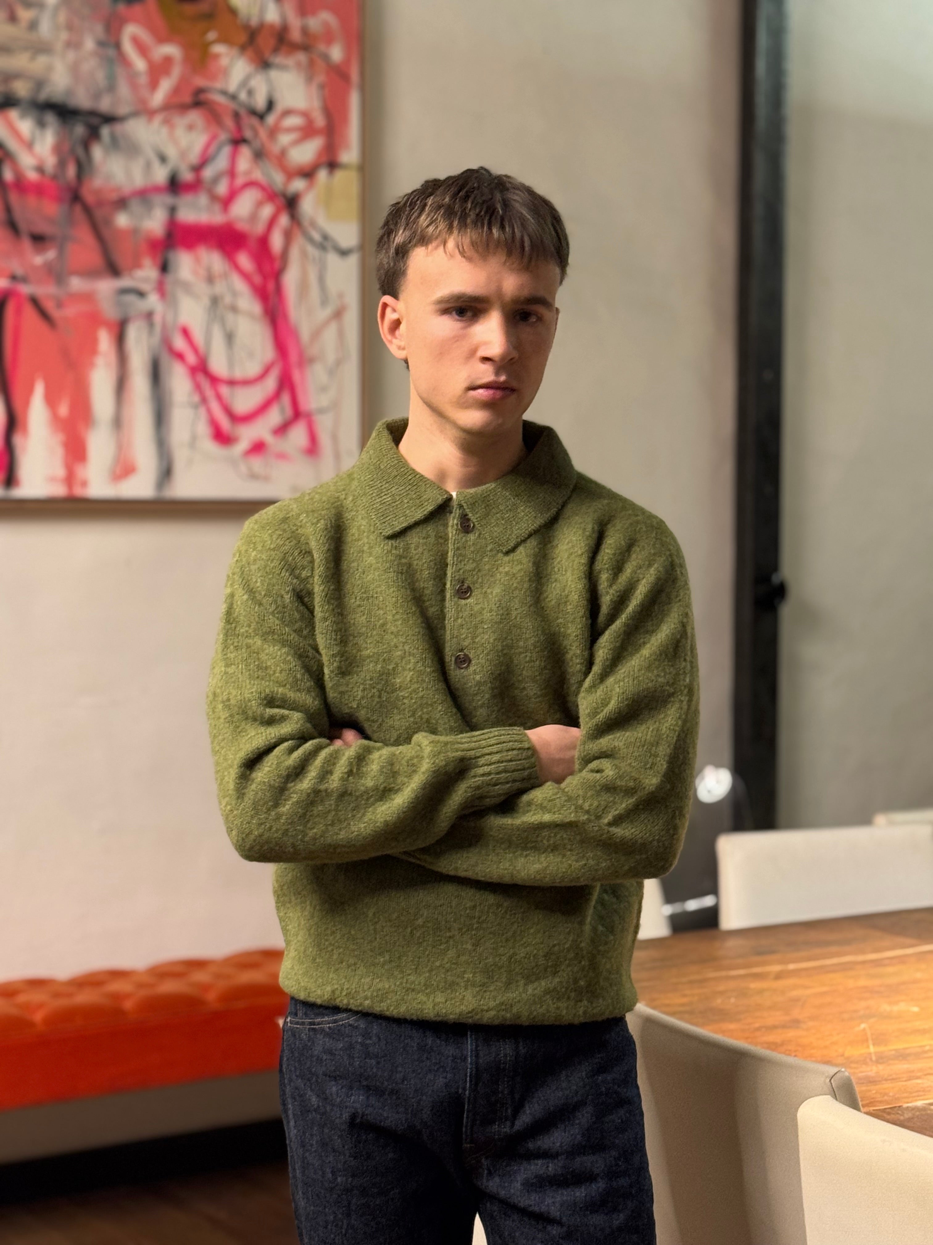 FRESH Paul Shaggy Shetland Wool Polo Sweater In Kale