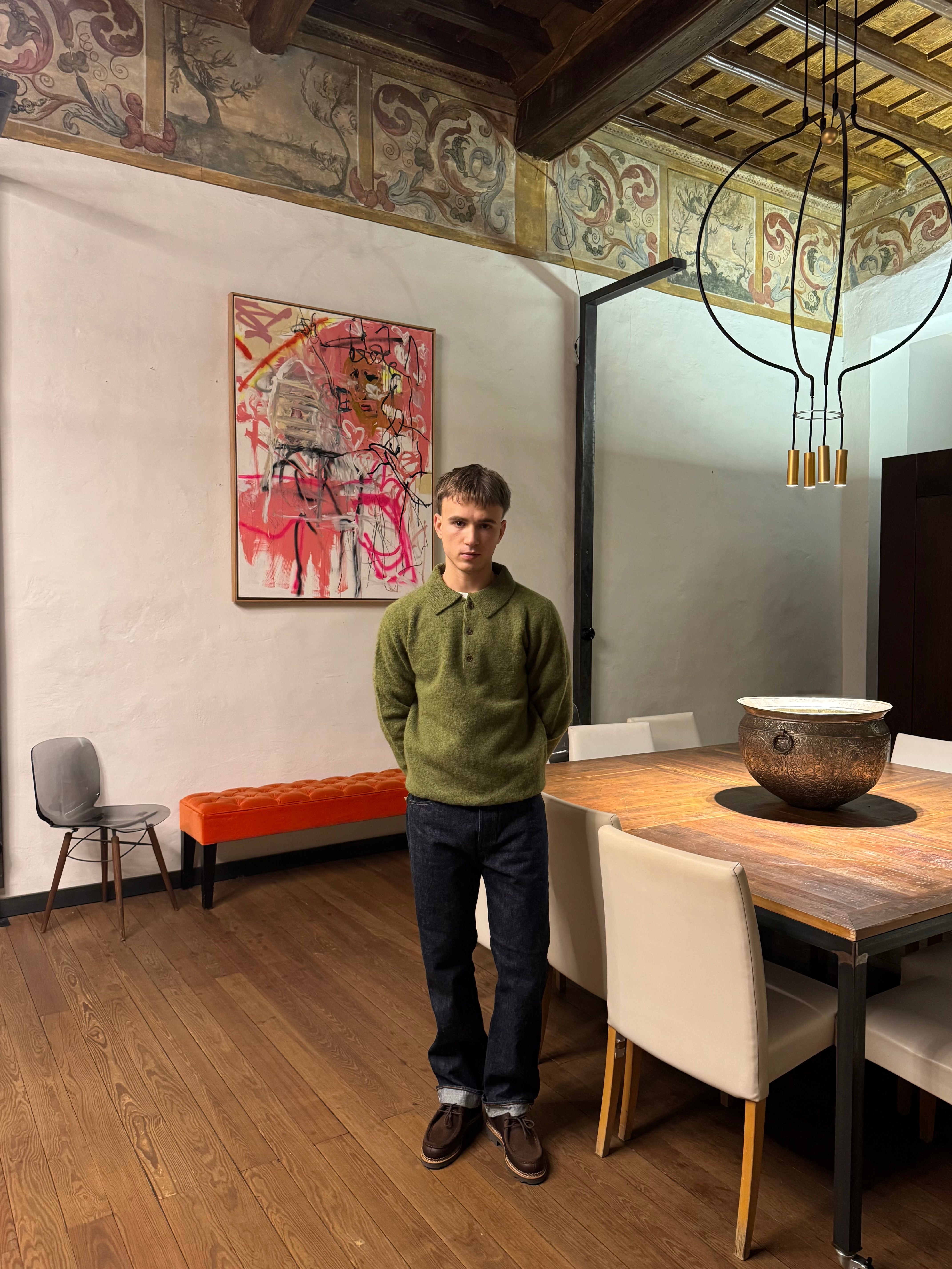 FRESH Paul Shaggy Shetland Wool Polo Sweater In Kale