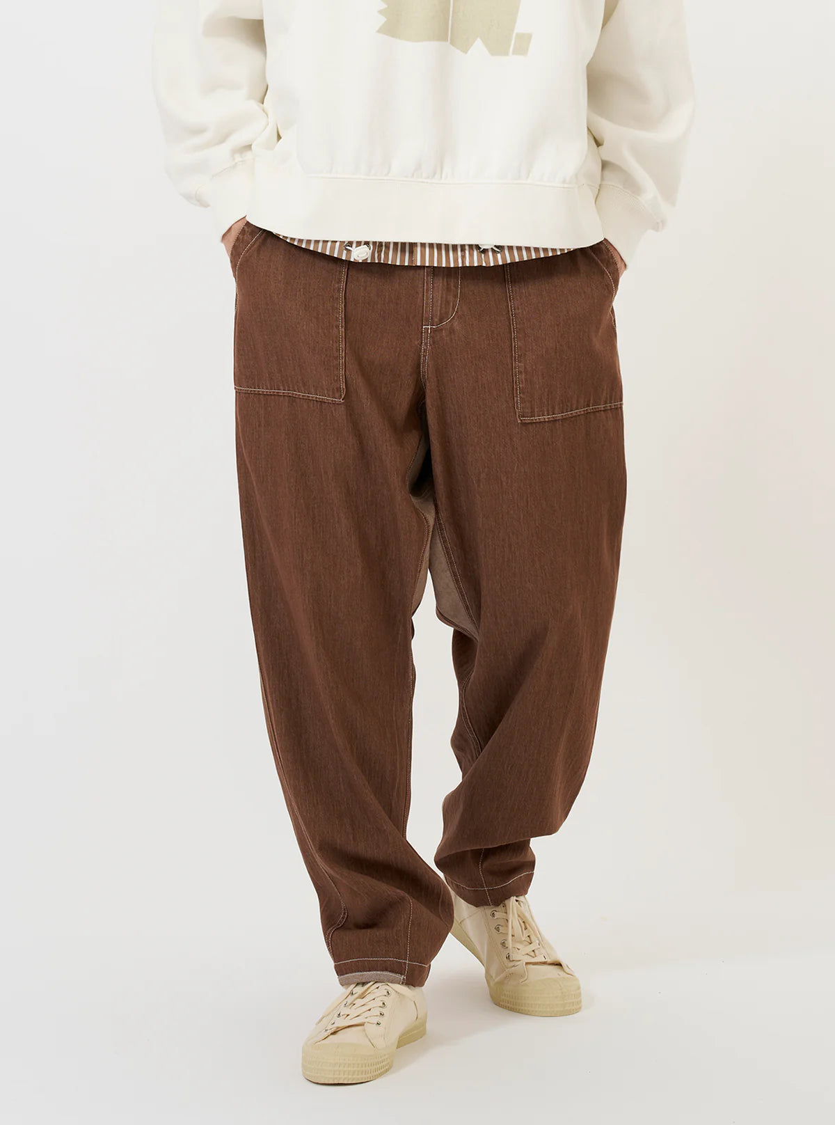 UNIVERSAL WORKS Pantalone Fatigue Meco Denim con Patch Marrone